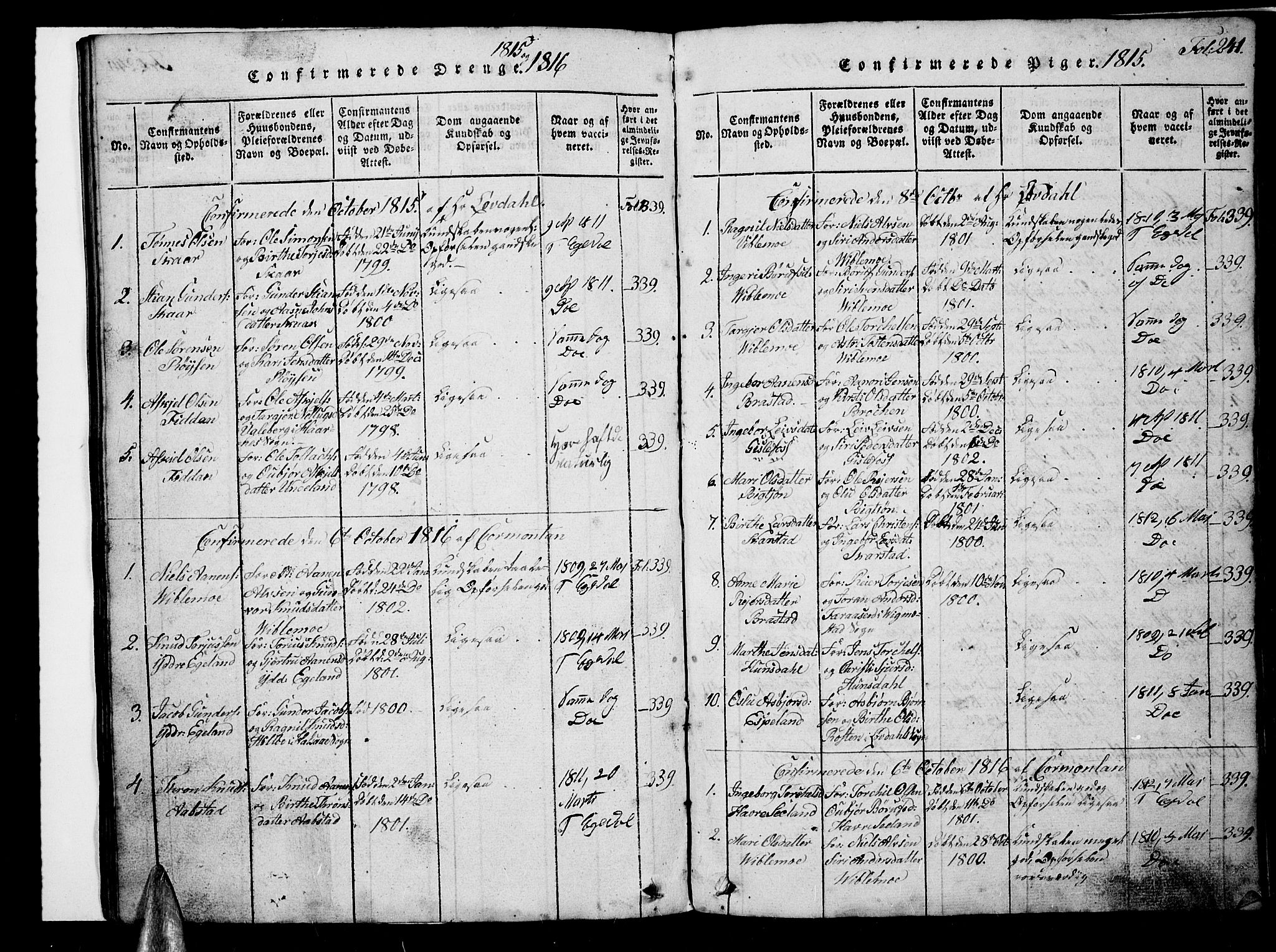 Nord-Audnedal sokneprestkontor, SAK/1111-0032/F/Fb/Fba/L0001: Parish register (copy) no. B 1, 1815-1856, p. 241