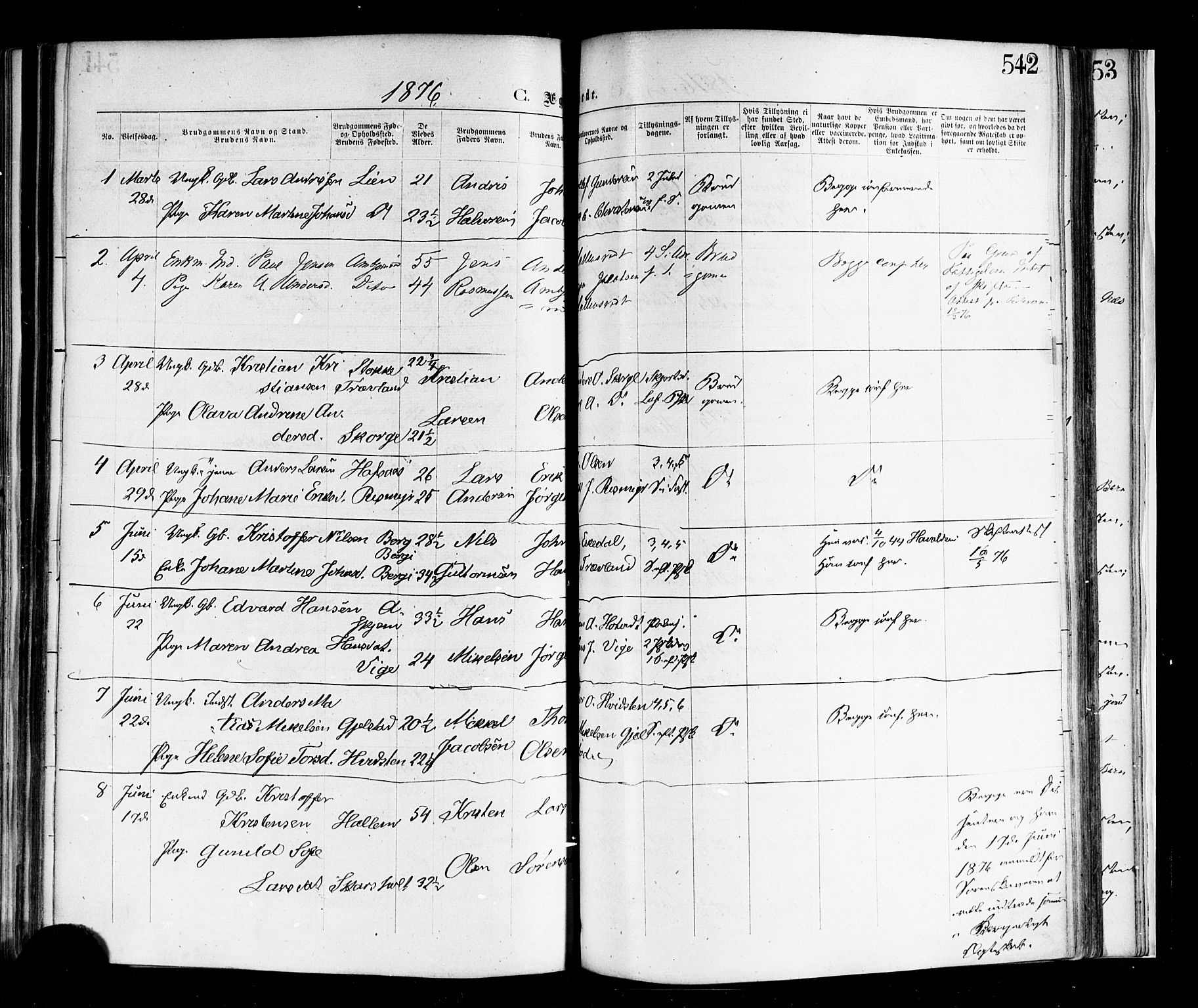 Andebu kirkebøker, AV/SAKO-A-336/F/Fa/L0006: Parish register (official) no. 6, 1871-1878, p. 542