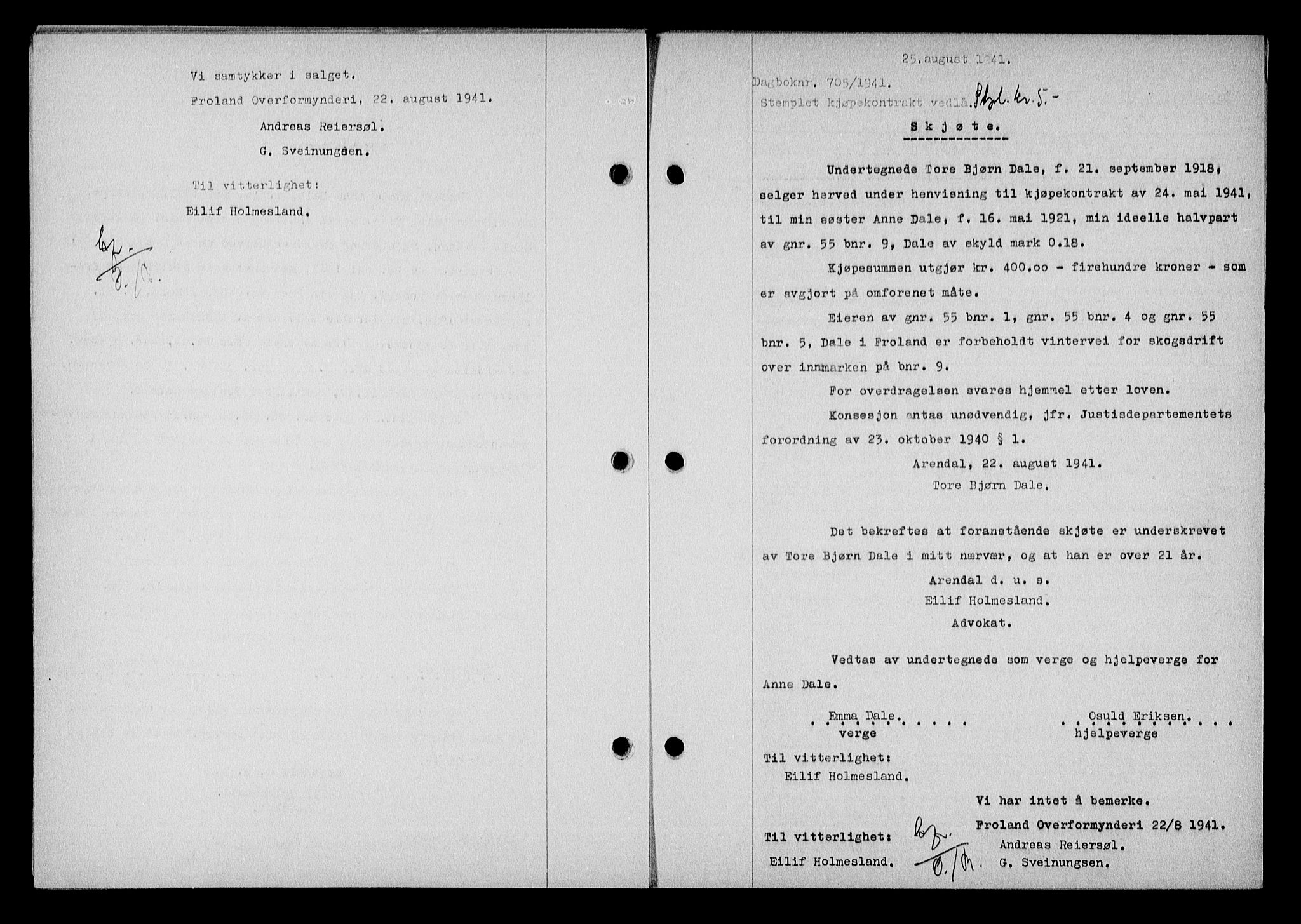 Nedenes sorenskriveri, AV/SAK-1221-0006/G/Gb/Gba/L0048: Mortgage book no. A-II, 1940-1941, Diary no: : 705/1941