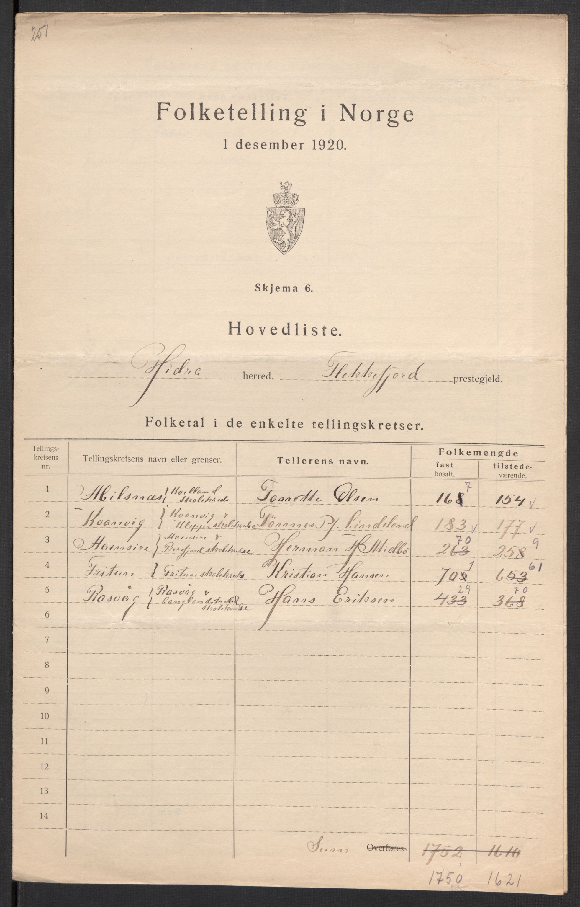 SAK, 1920 census for Hidra, 1920, p. 3