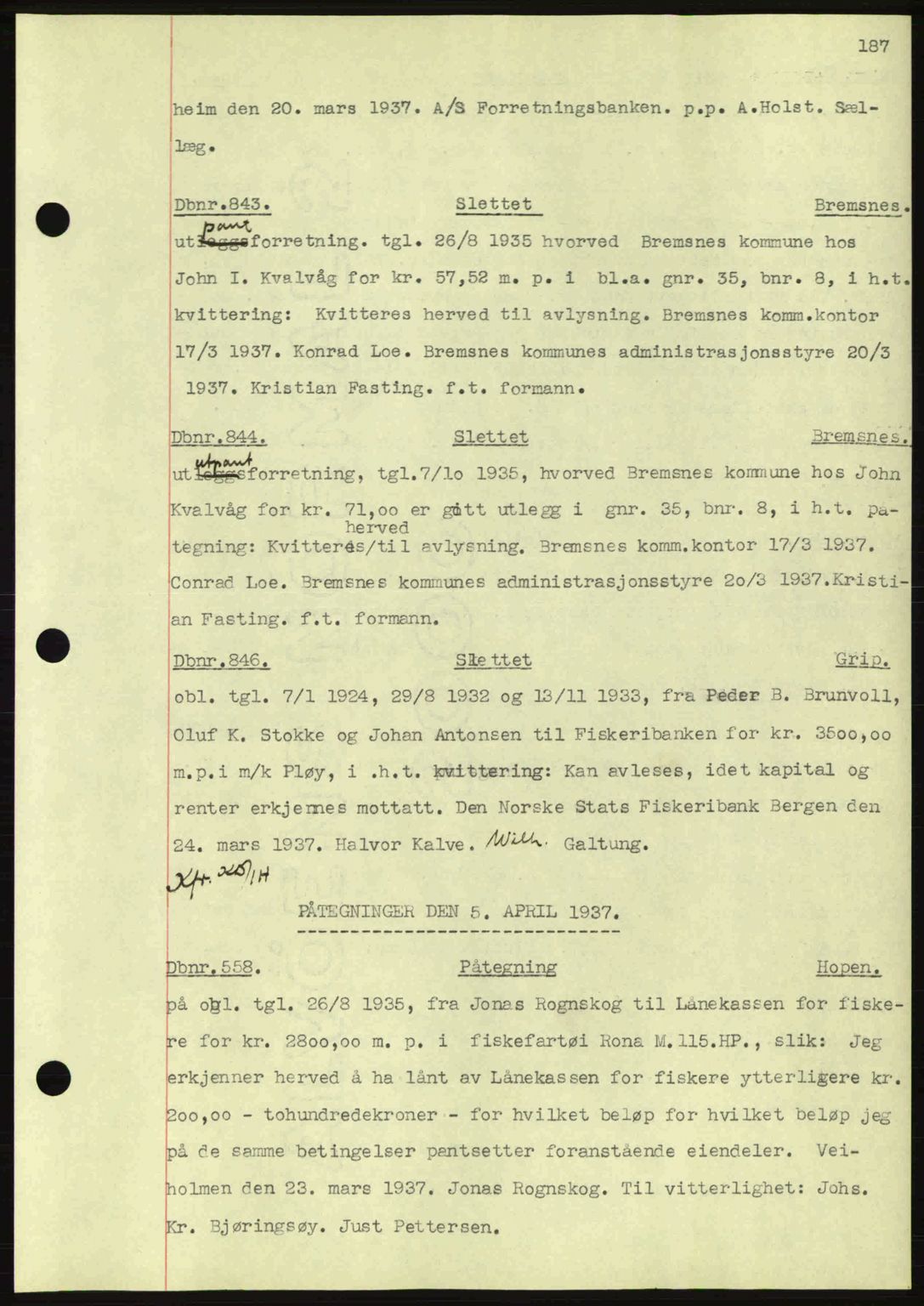 Nordmøre sorenskriveri, AV/SAT-A-4132/1/2/2Ca: Mortgage book no. C80, 1936-1939, Diary no: : 843/1937