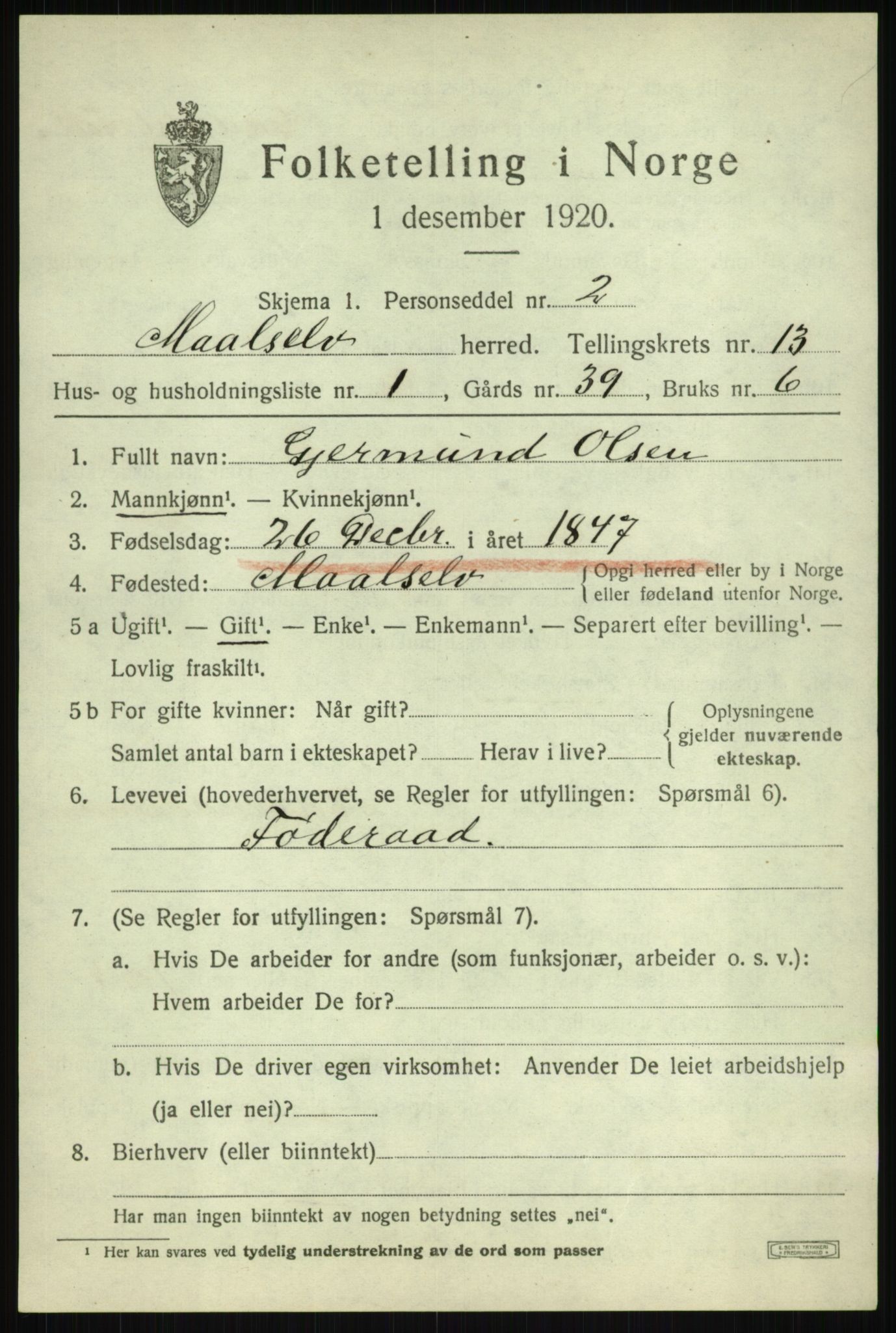 SATØ, 1920 census for Målselv, 1920, p. 6727