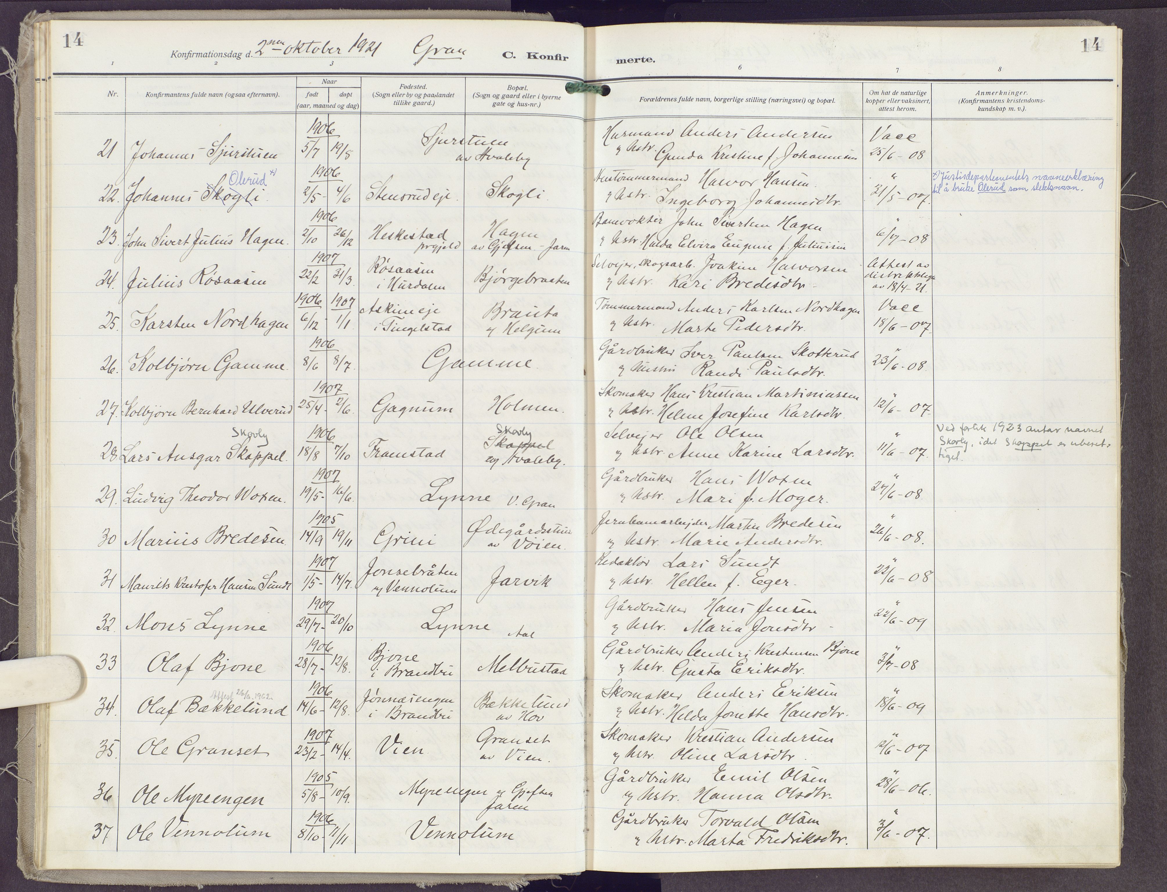 Gran prestekontor, AV/SAH-PREST-112/H/Ha/Haa/L0023: Parish register (official) no. 23, 1919-1938, p. 14