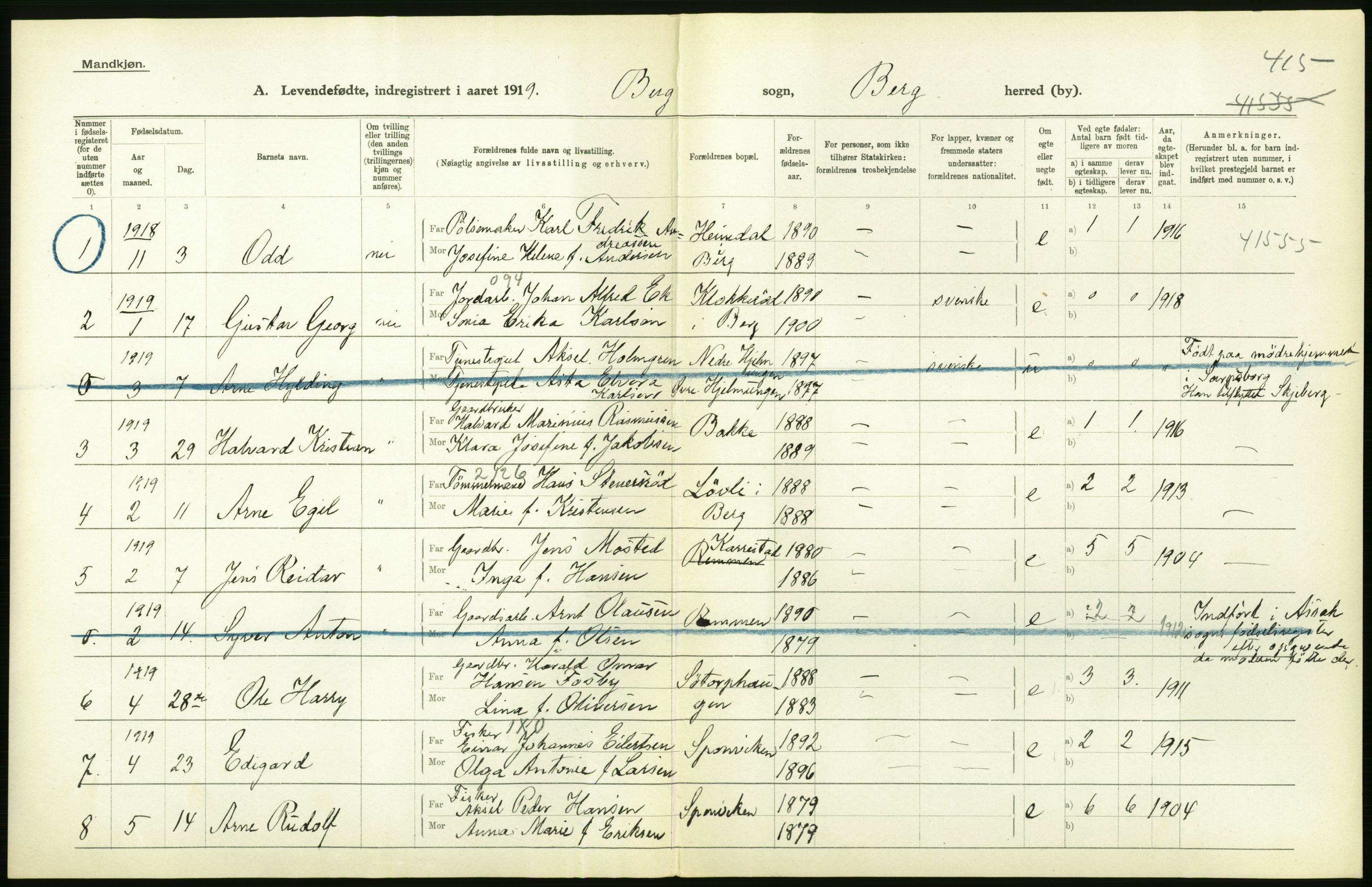 Statistisk sentralbyrå, Sosiodemografiske emner, Befolkning, RA/S-2228/D/Df/Dfb/Dfbi/L0001: Østfold fylke: Levendefødte menn og kvinner. Bygder., 1919, p. 492