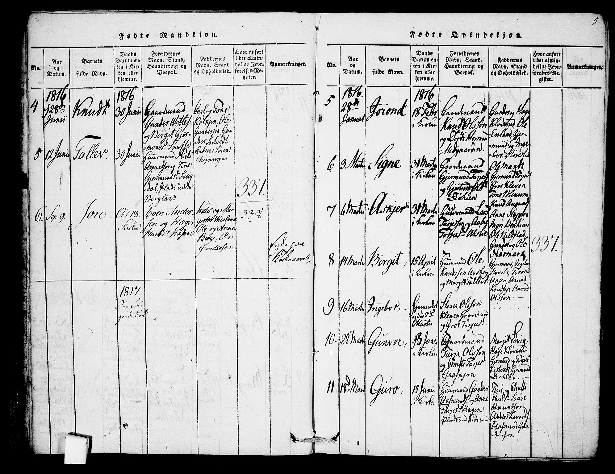 Mo kirkebøker, SAKO/A-286/F/Fb/L0001: Parish register (official) no. II 1, 1814-1844, p. 5