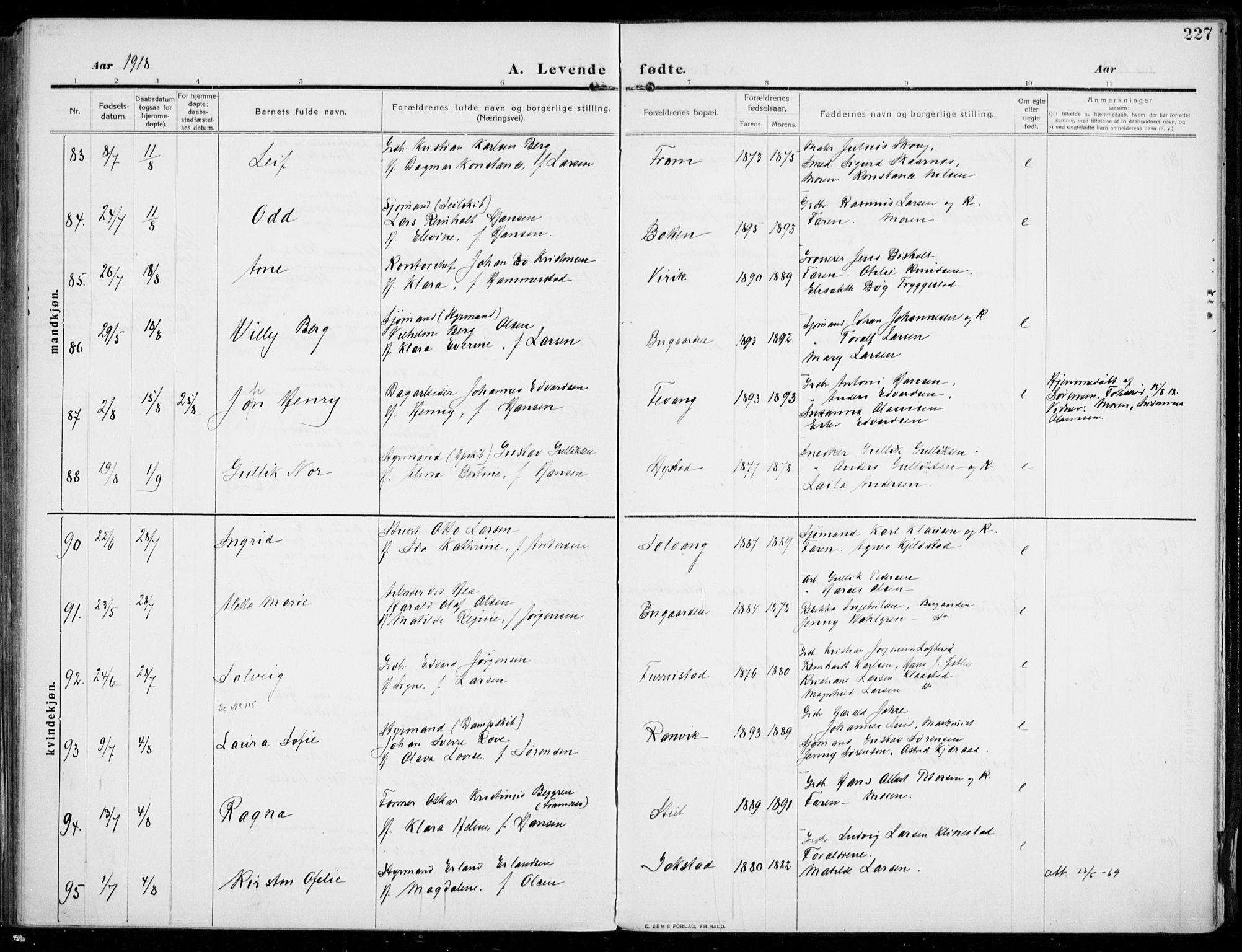 Sandar kirkebøker, SAKO/A-243/F/Fa/L0016: Parish register (official) no. 16, 1909-1919, p. 227