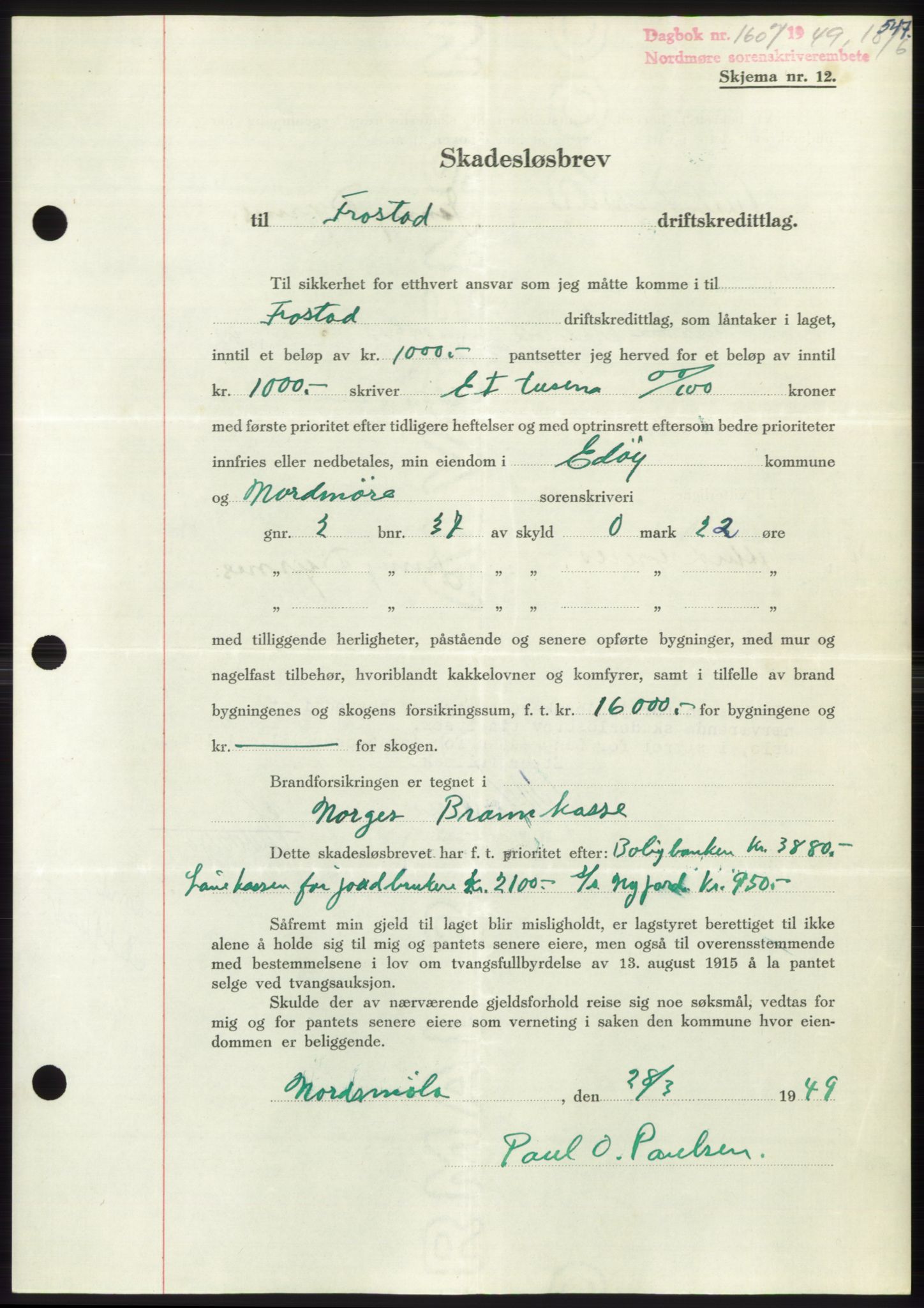 Nordmøre sorenskriveri, AV/SAT-A-4132/1/2/2Ca: Mortgage book no. B101, 1949-1949, Diary no: : 1607/1949