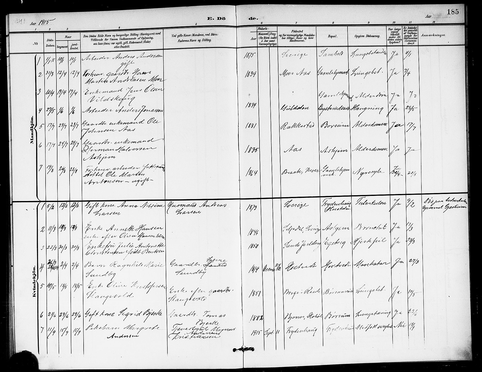 Ås prestekontor Kirkebøker, AV/SAO-A-10894/G/Ga/L0004: Parish register (copy) no. I 4, 1901-1915, p. 185