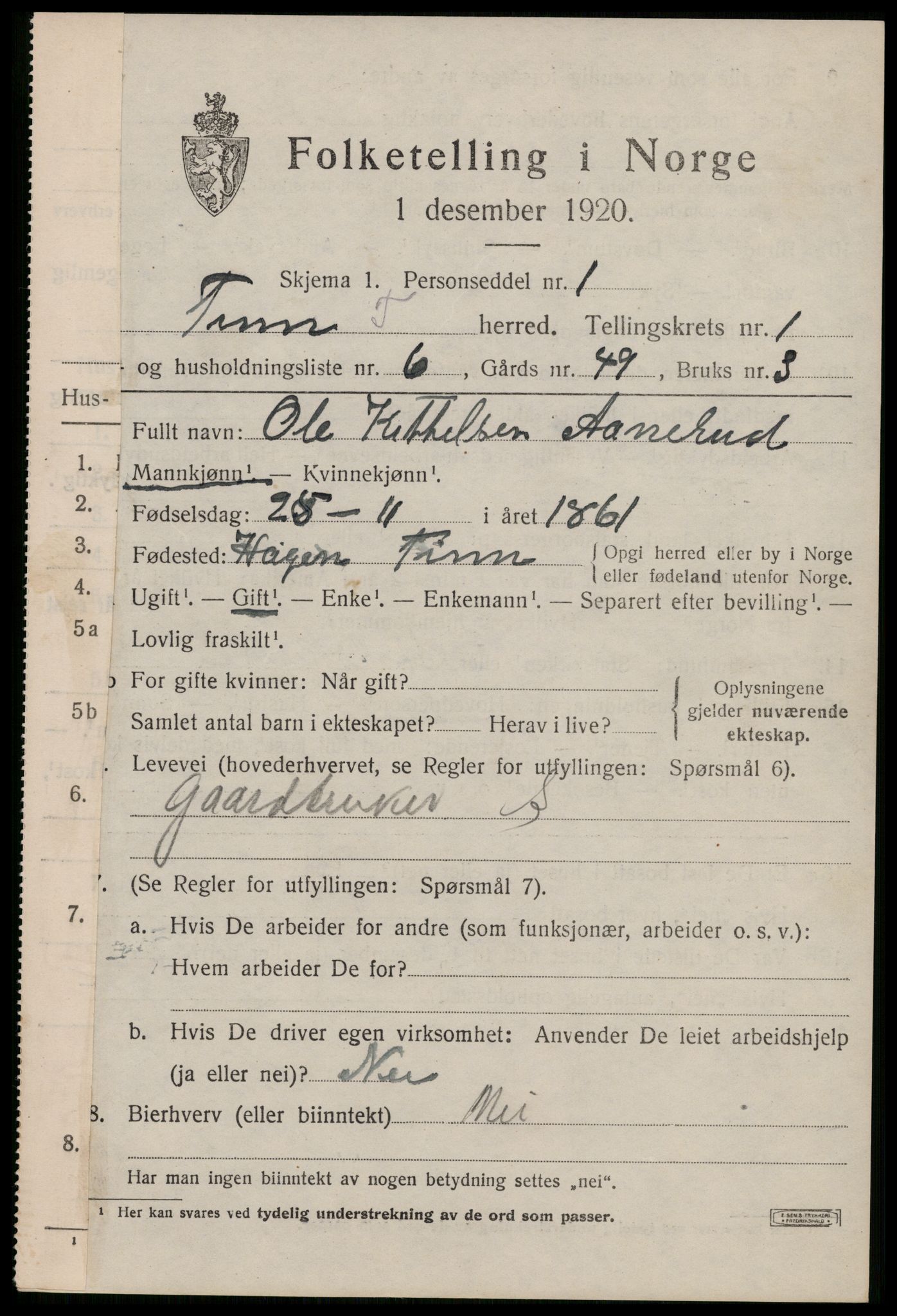 SAKO, 1920 census for Tinn, 1920, p. 2744