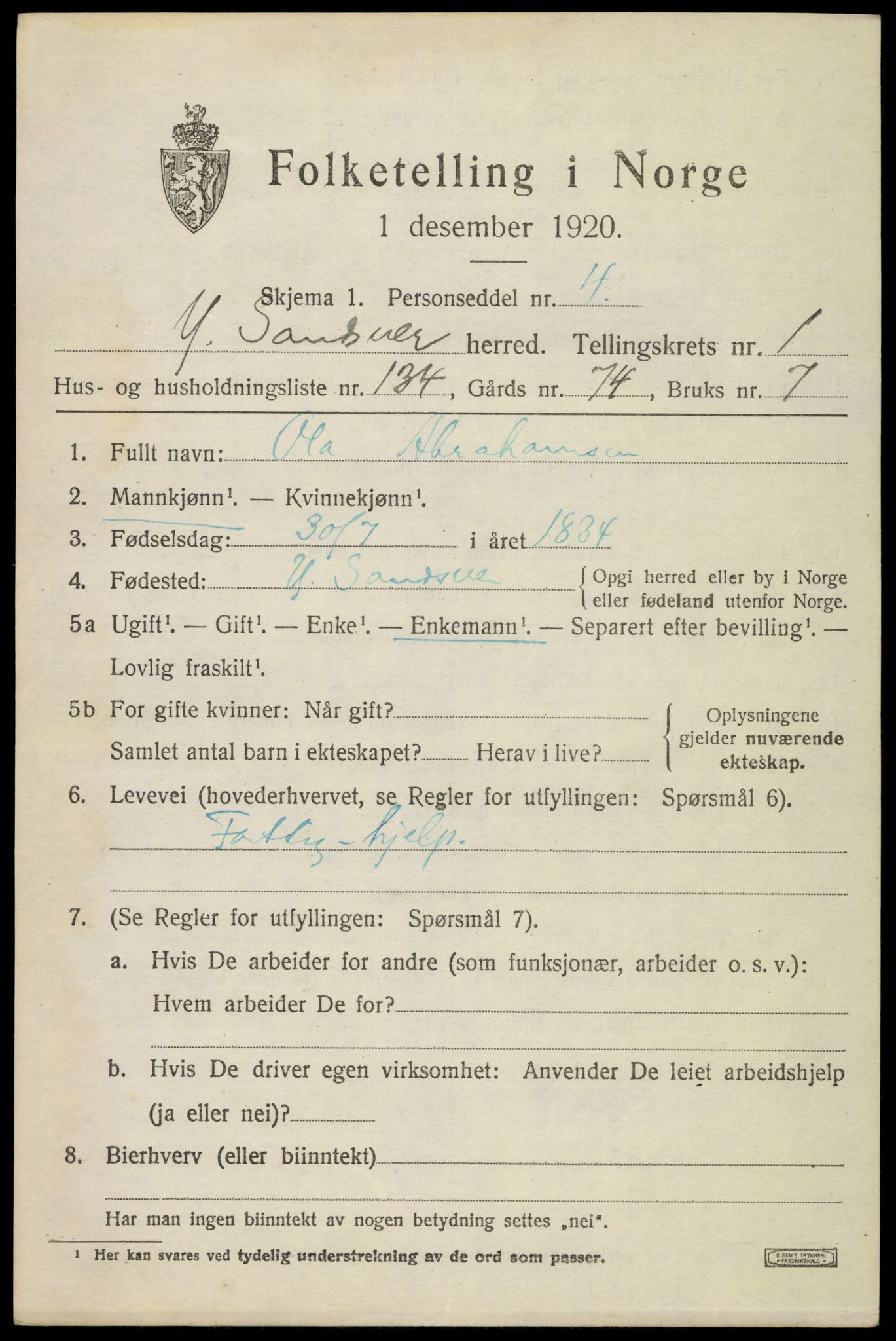 SAKO, 1920 census for Ytre Sandsvær, 1920, p. 2652