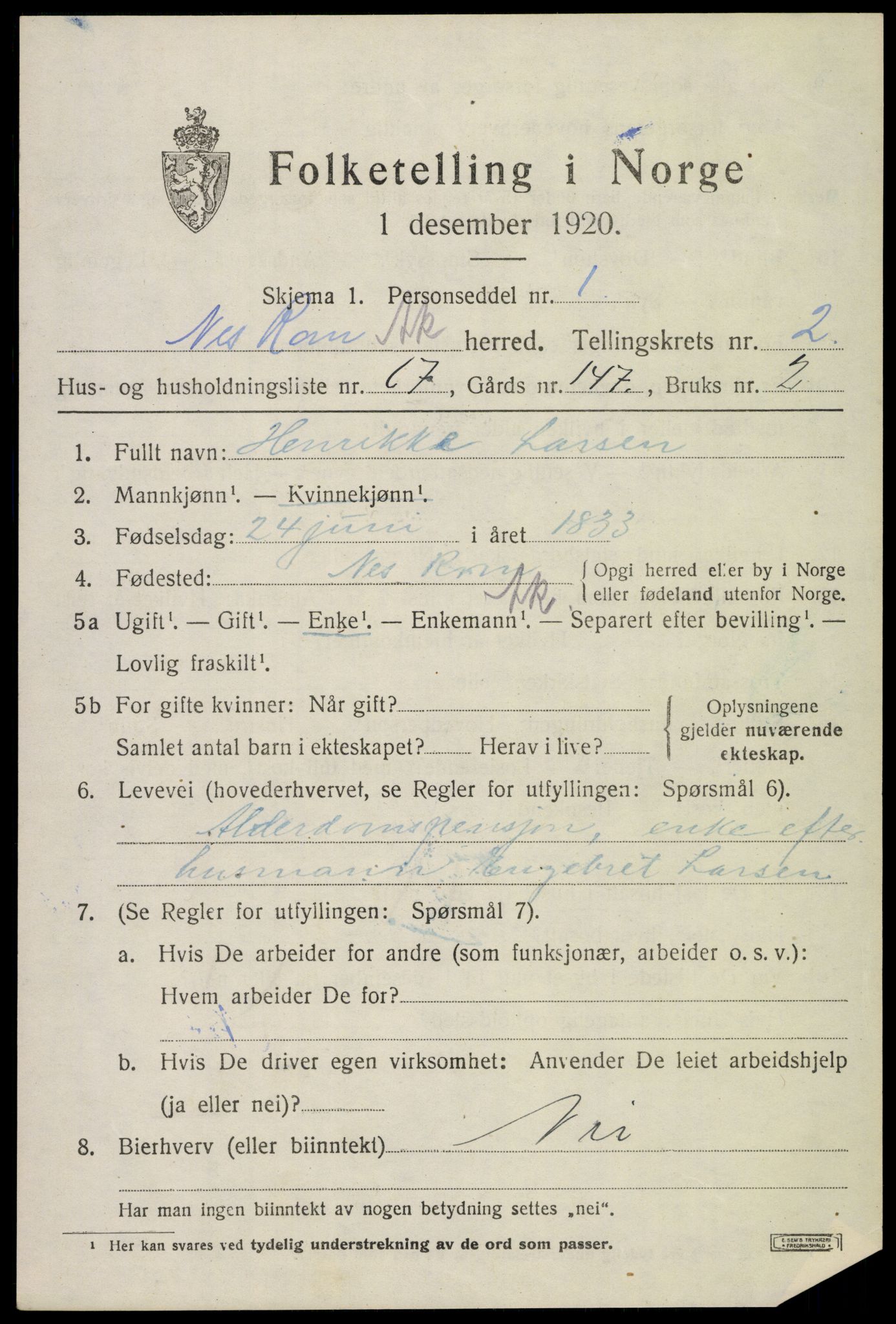 SAO, 1920 census for Nes, 1920, p. 5778