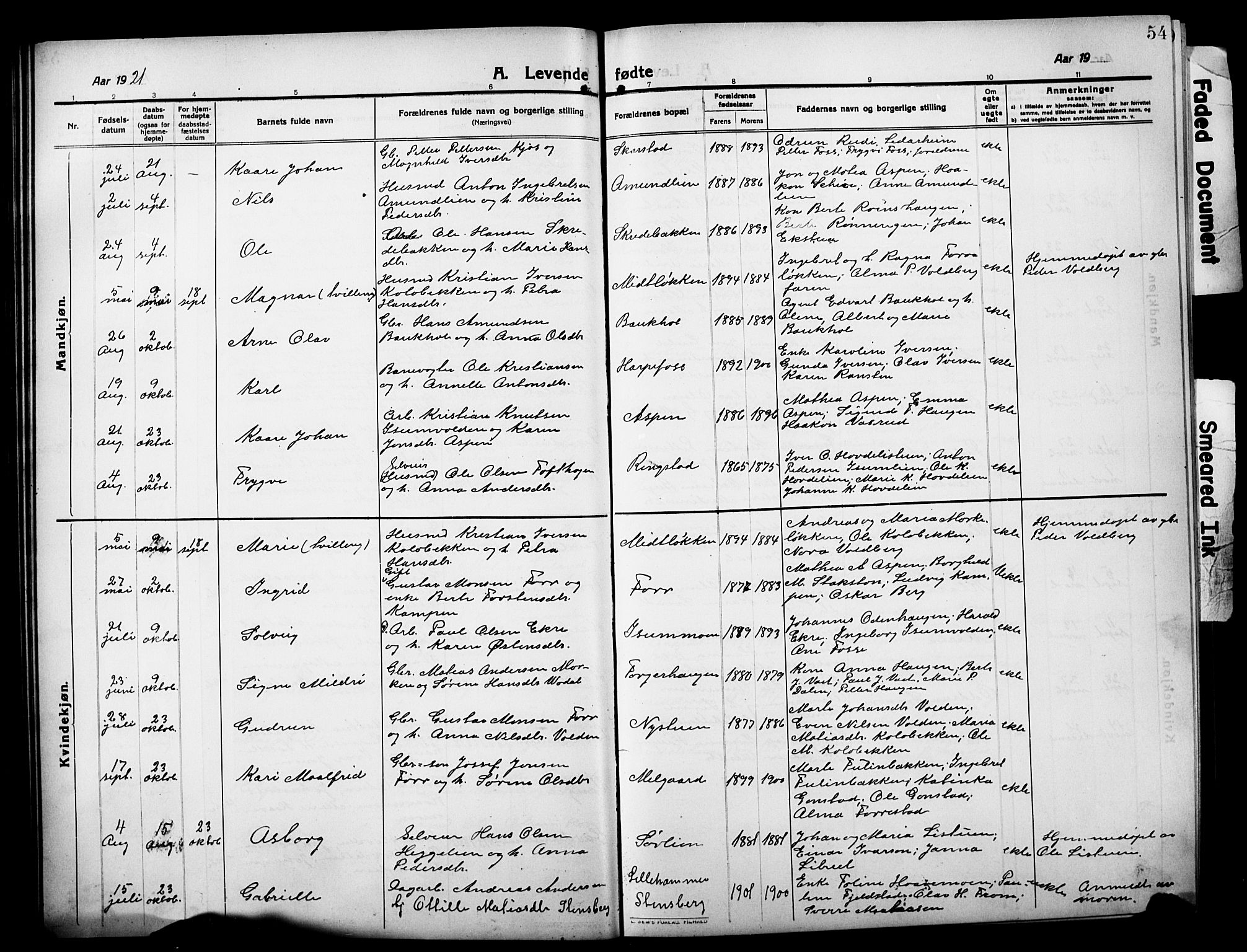 Sør-Fron prestekontor, AV/SAH-PREST-010/H/Ha/Hab/L0005: Parish register (copy) no. 5, 1912-1930, p. 54