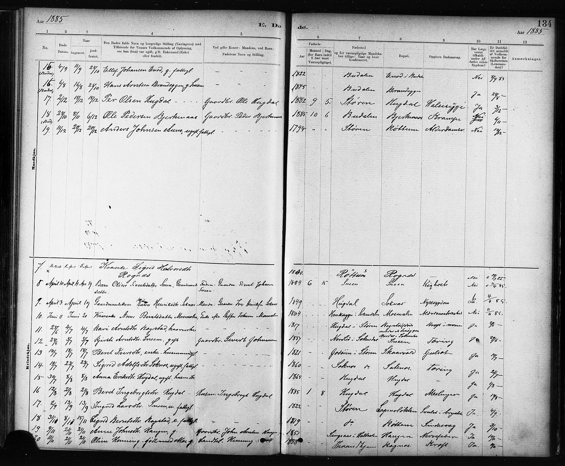 Ministerialprotokoller, klokkerbøker og fødselsregistre - Sør-Trøndelag, AV/SAT-A-1456/687/L1002: Parish register (official) no. 687A08, 1878-1890, p. 134