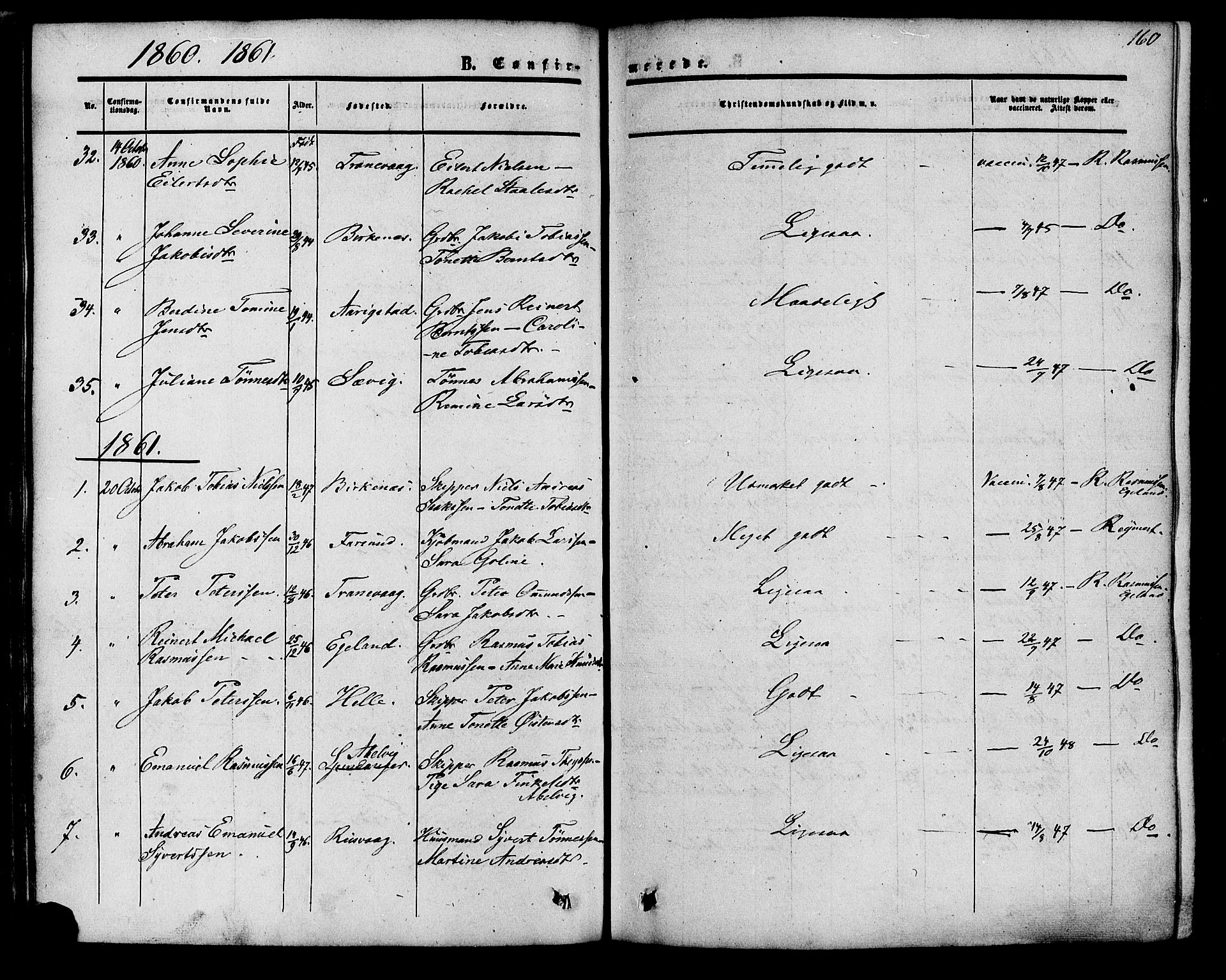 Herad sokneprestkontor, SAK/1111-0018/F/Fa/Fab/L0004: Parish register (official) no. A 4, 1853-1885, p. 160