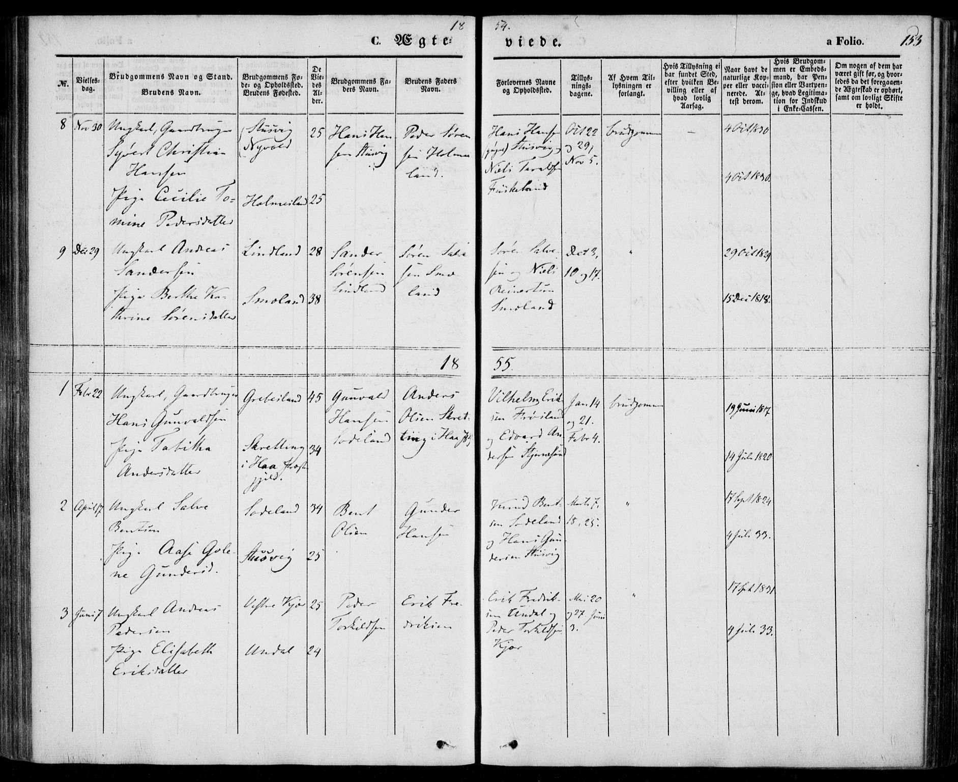 Holum sokneprestkontor, AV/SAK-1111-0022/F/Fa/Faa/L0005: Parish register (official) no. A 5, 1850-1864, p. 153