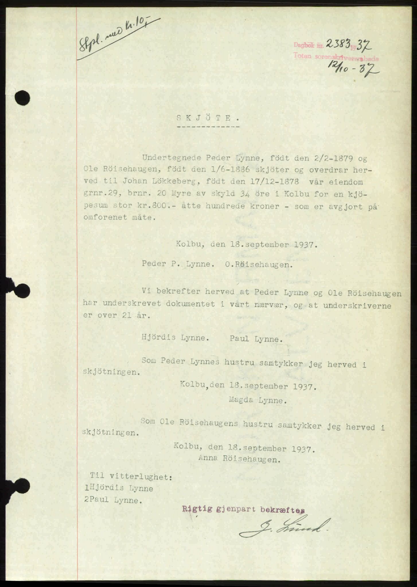 Toten tingrett, SAH/TING-006/H/Hb/Hbc/L0003: Mortgage book no. Hbc-03, 1937-1938, Diary no: : 2383/1937