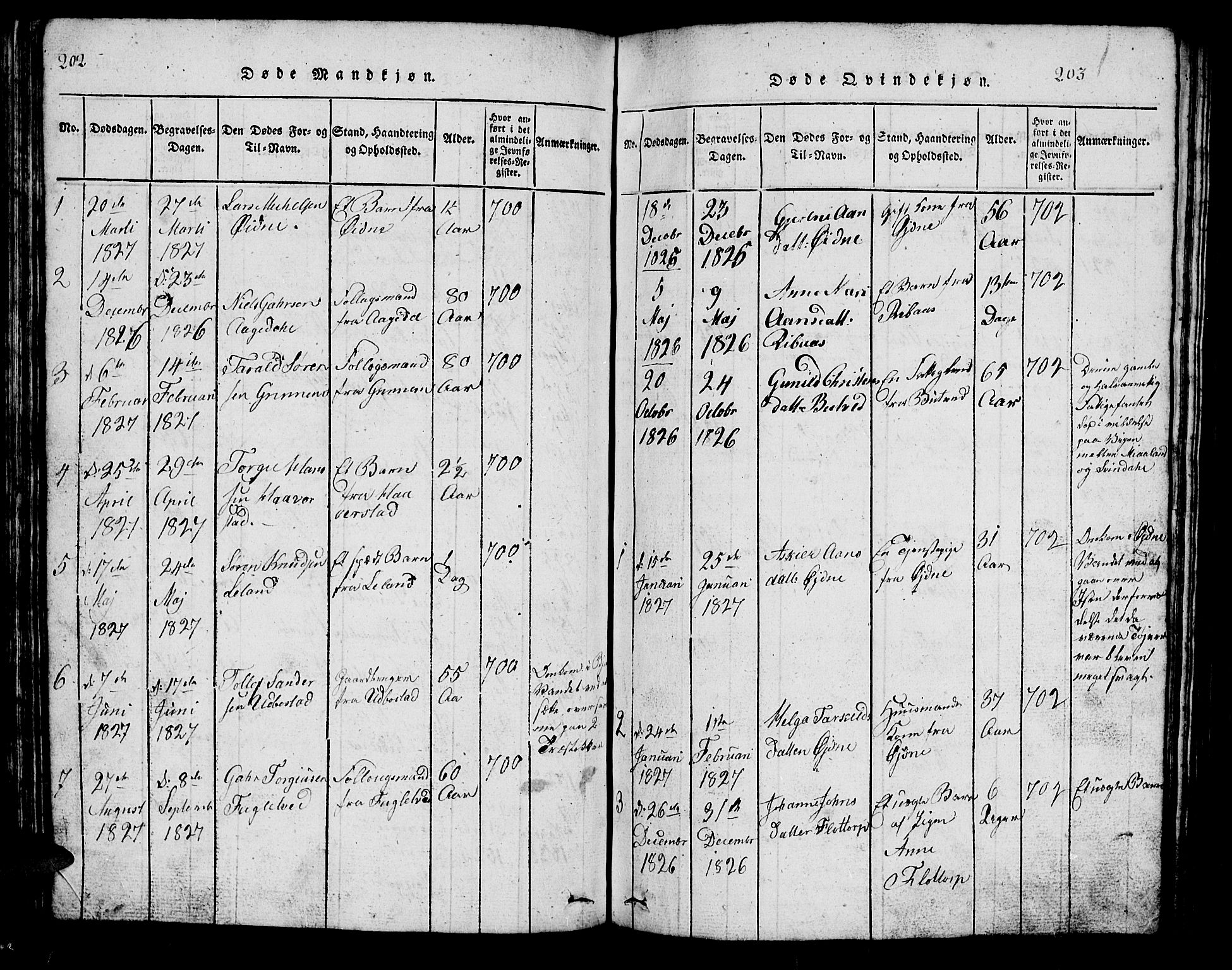 Bjelland sokneprestkontor, SAK/1111-0005/F/Fb/Fbc/L0001: Parish register (copy) no. B 1, 1815-1870, p. 202-203