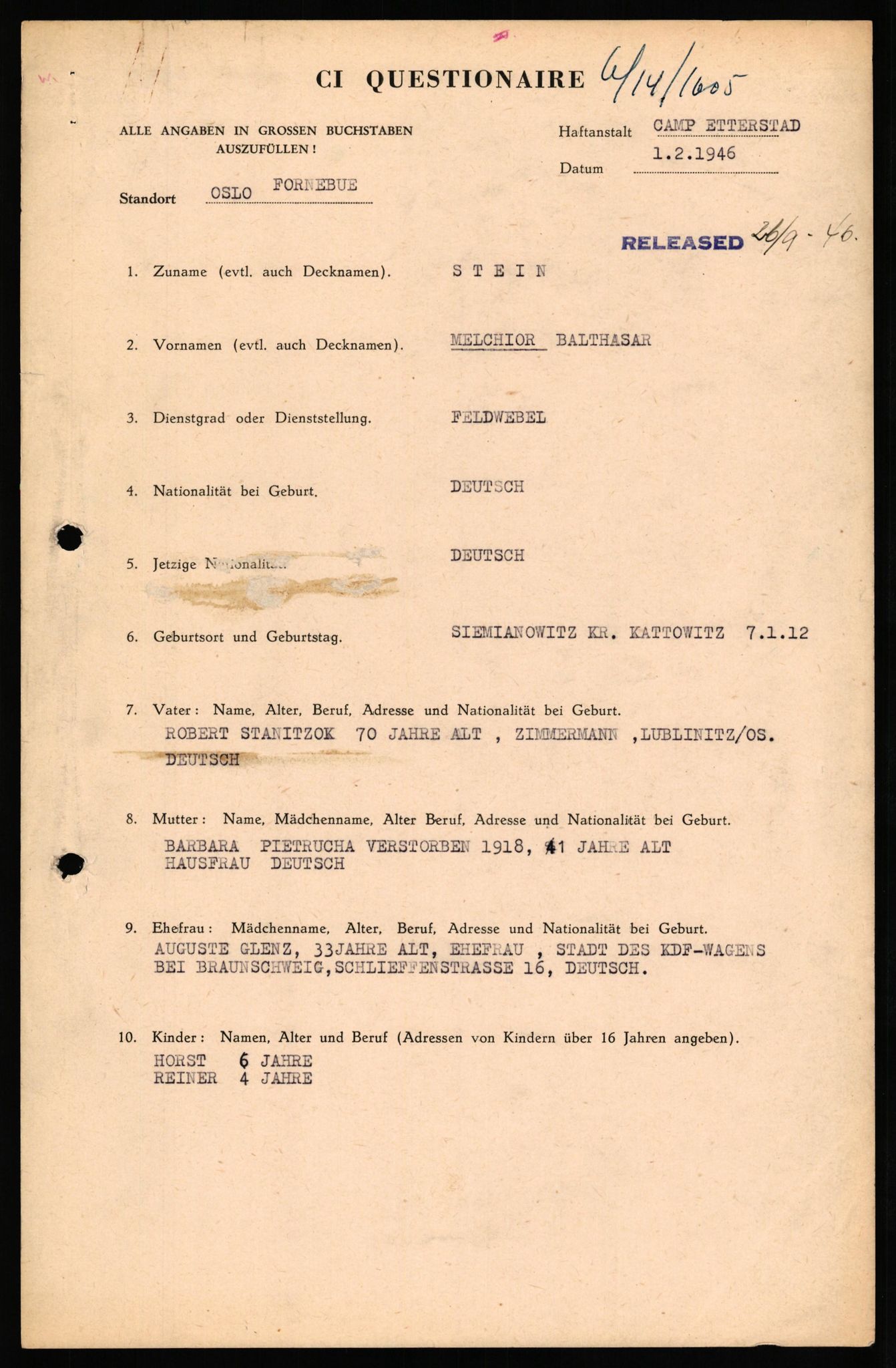 Forsvaret, Forsvarets overkommando II, AV/RA-RAFA-3915/D/Db/L0032: CI Questionaires. Tyske okkupasjonsstyrker i Norge. Tyskere., 1945-1946, p. 387