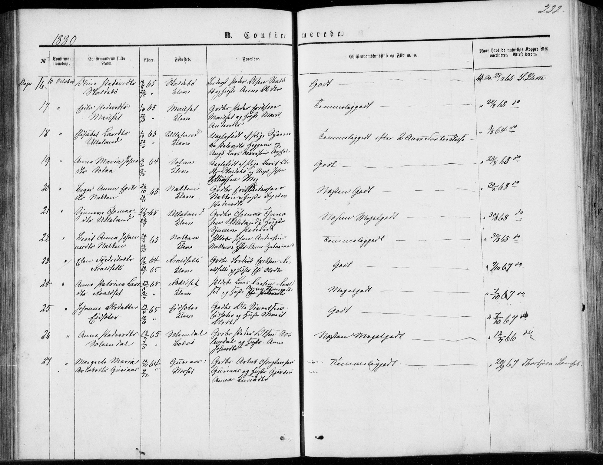 Ministerialprotokoller, klokkerbøker og fødselsregistre - Møre og Romsdal, SAT/A-1454/557/L0681: Parish register (official) no. 557A03, 1869-1886, p. 232