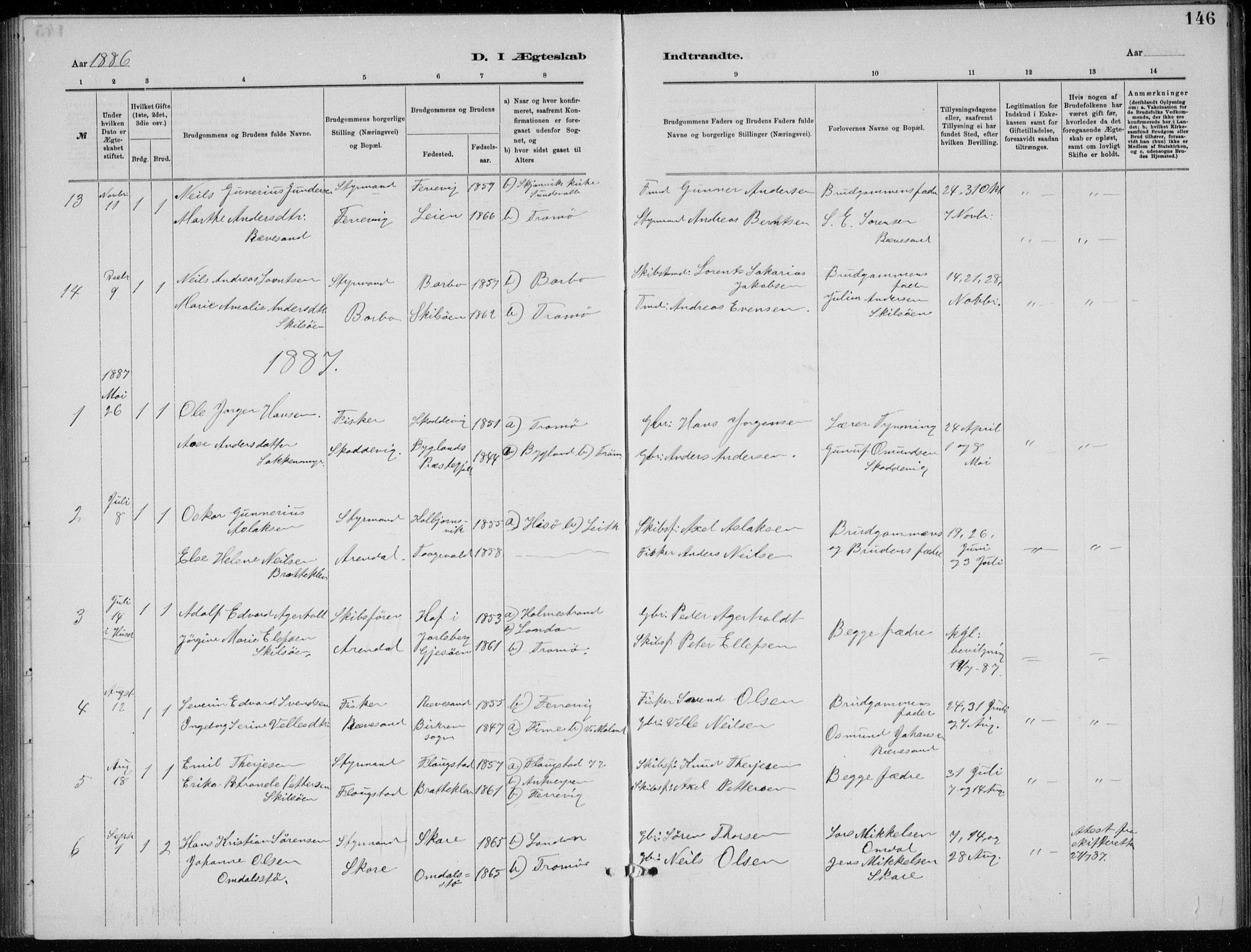 Tromøy sokneprestkontor, SAK/1111-0041/F/Fb/L0005: Parish register (copy) no. B 5, 1877-1891, p. 146