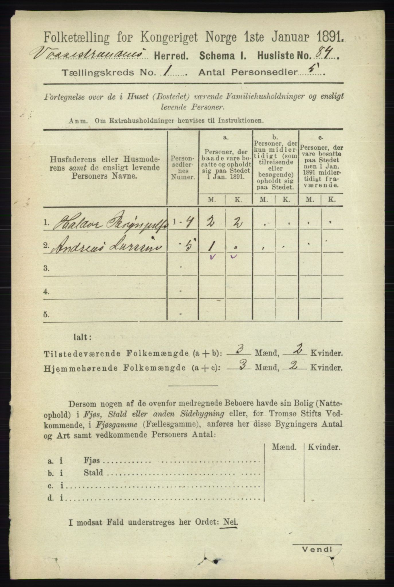 RA, 1891 census for 1236 Vossestrand, 1891, p. 103