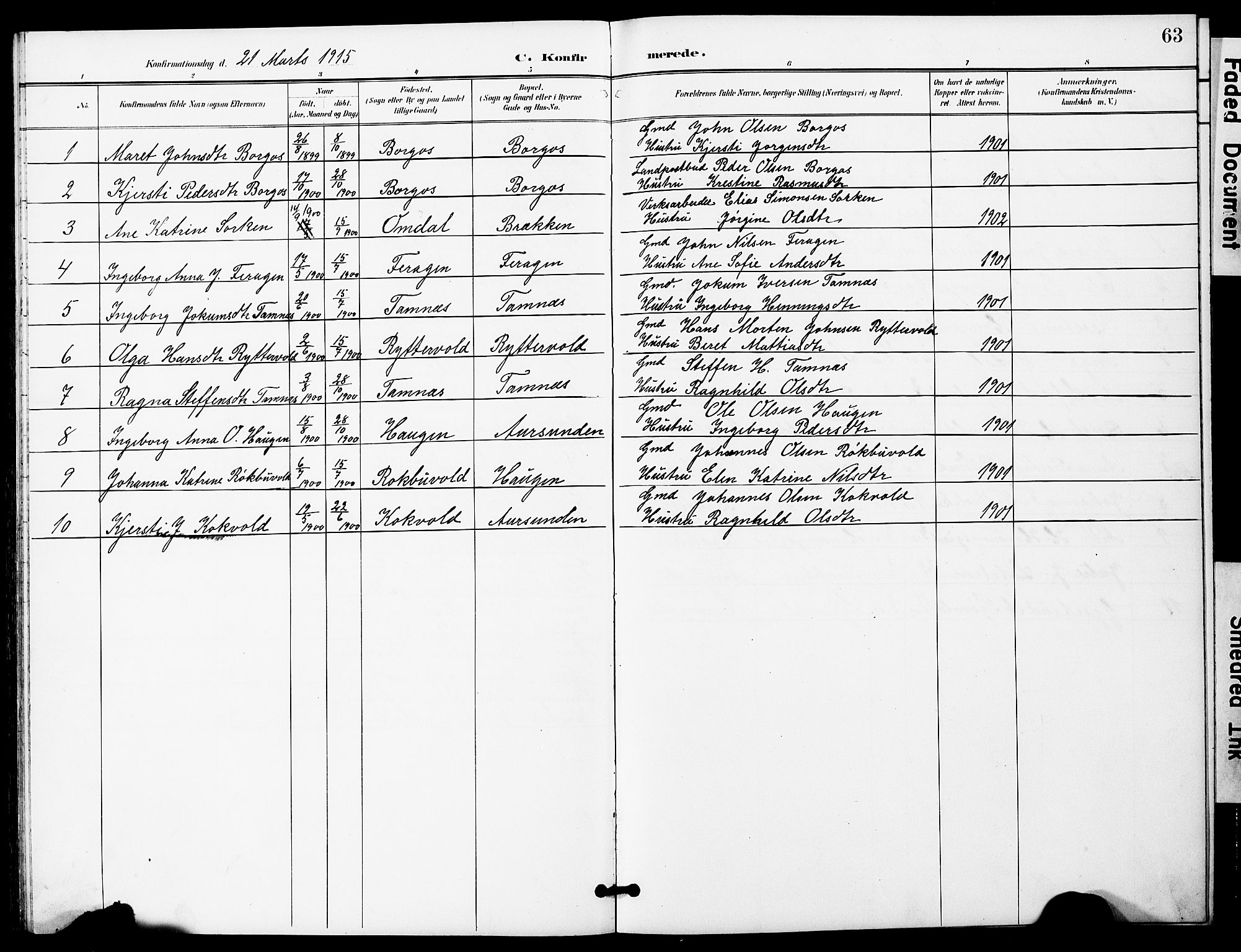Ministerialprotokoller, klokkerbøker og fødselsregistre - Sør-Trøndelag, SAT/A-1456/683/L0950: Parish register (copy) no. 683C02, 1897-1918, p. 63