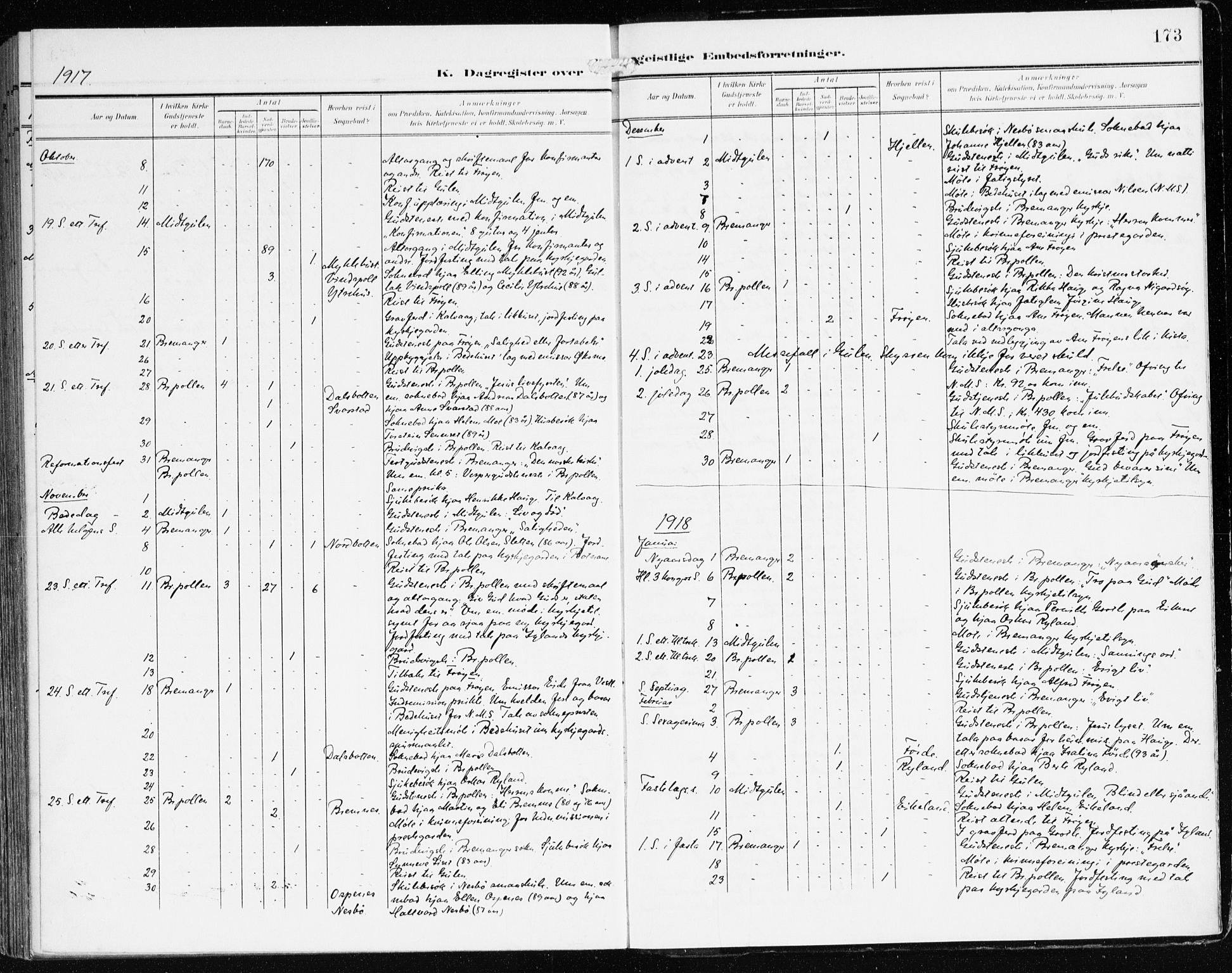 Bremanger sokneprestembete, AV/SAB-A-82201/H/Haa/Haab/L0003: Parish register (official) no. B 3, 1908-1925, p. 173