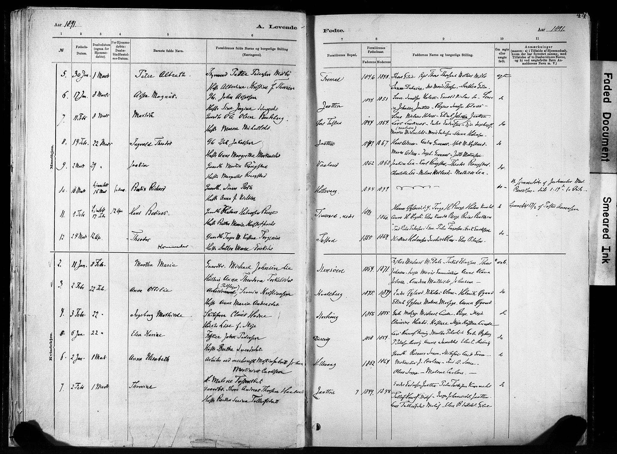 Hetland sokneprestkontor, SAST/A-101826/30/30BA/L0011: Parish register (official) no. A 11, 1884-1911, p. 44