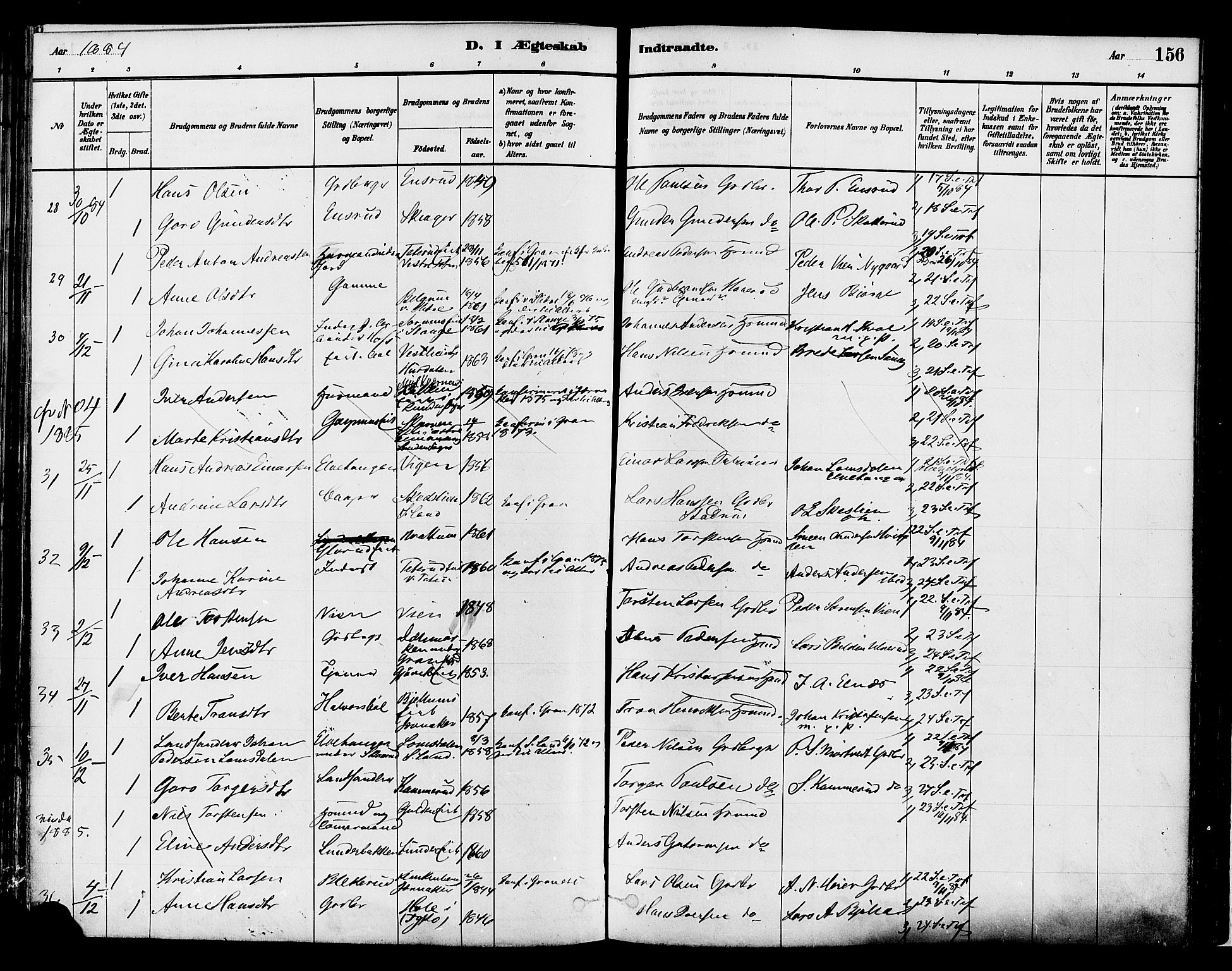 Gran prestekontor, SAH/PREST-112/H/Ha/Haa/L0014: Parish register (official) no. 14, 1880-1889, p. 156