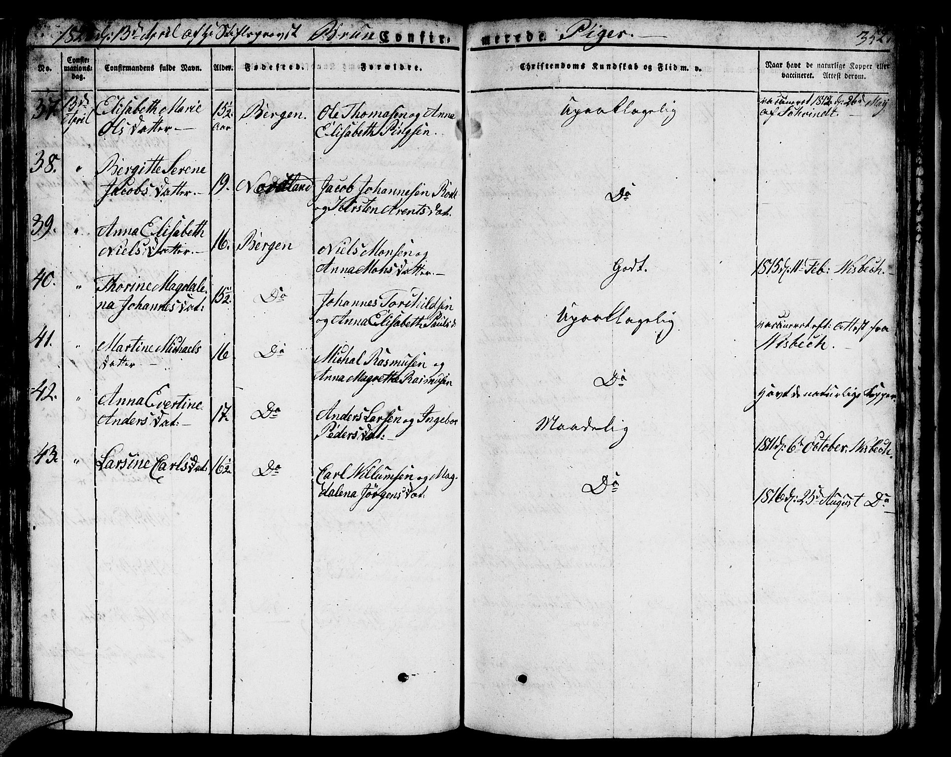 Domkirken sokneprestembete, SAB/A-74801/H/Hab/L0002: Parish register (copy) no. A 2, 1821-1839, p. 352