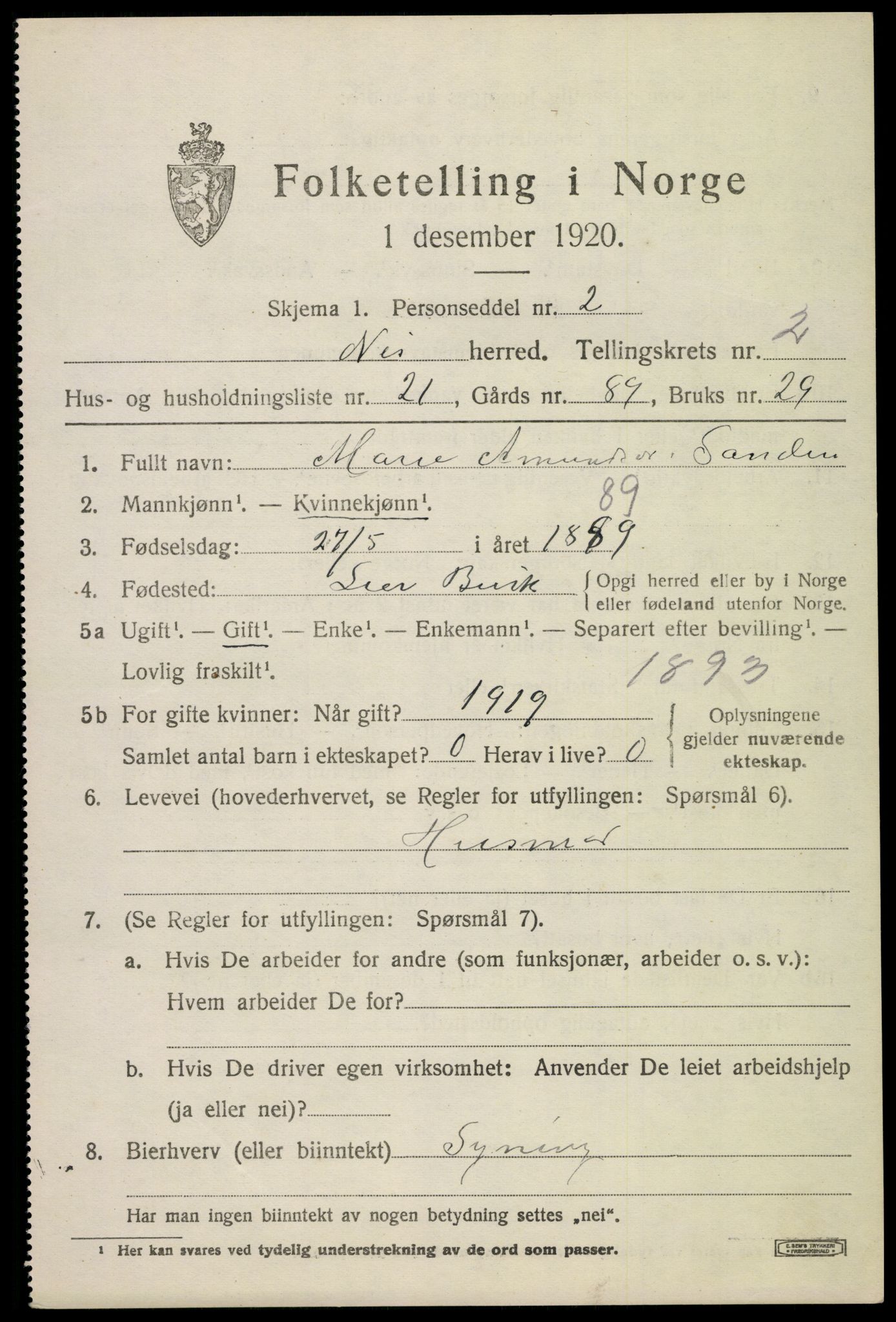 SAKO, 1920 census for Nes (Buskerud), 1920, p. 1486