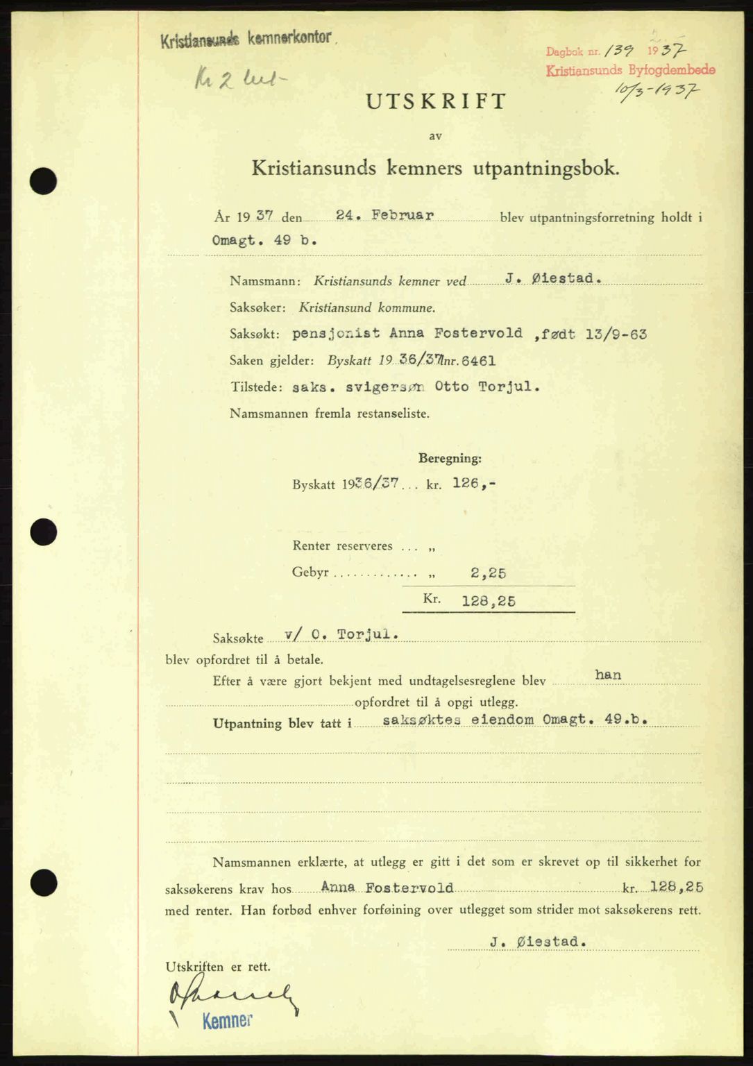 Kristiansund byfogd, AV/SAT-A-4587/A/27: Mortgage book no. 29, 1936-1937, Diary no: : 139/1937