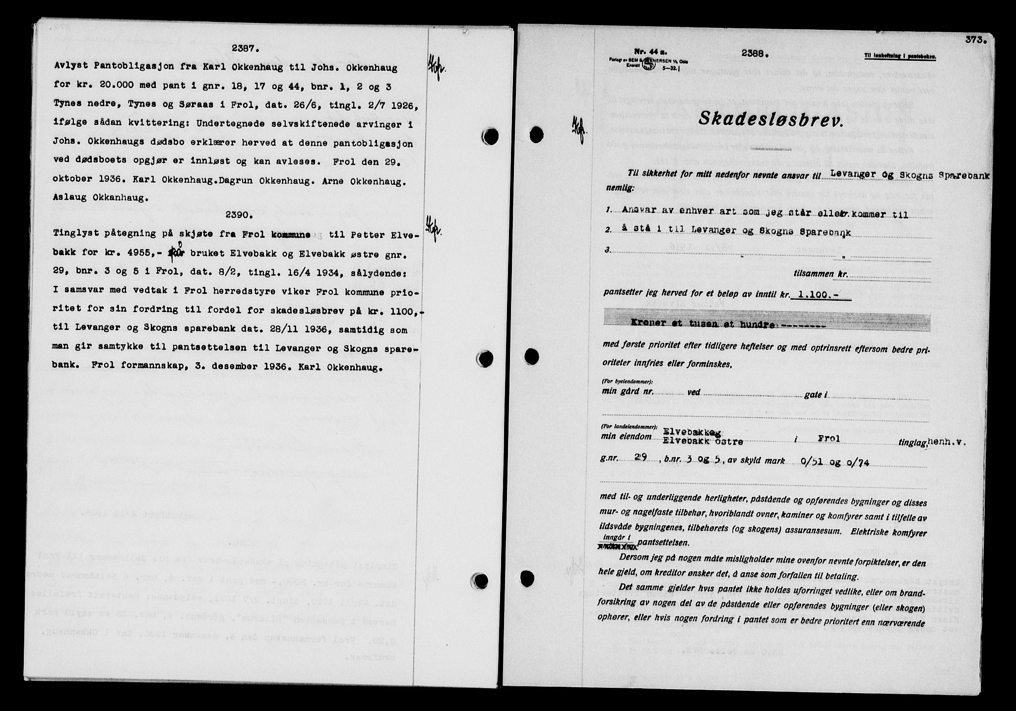 Stjør- og Verdal sorenskriveri, SAT/A-4167/1/2/2C/L0078: Mortgage book no. 46, 1936-1937, Diary no: : 2388/1936