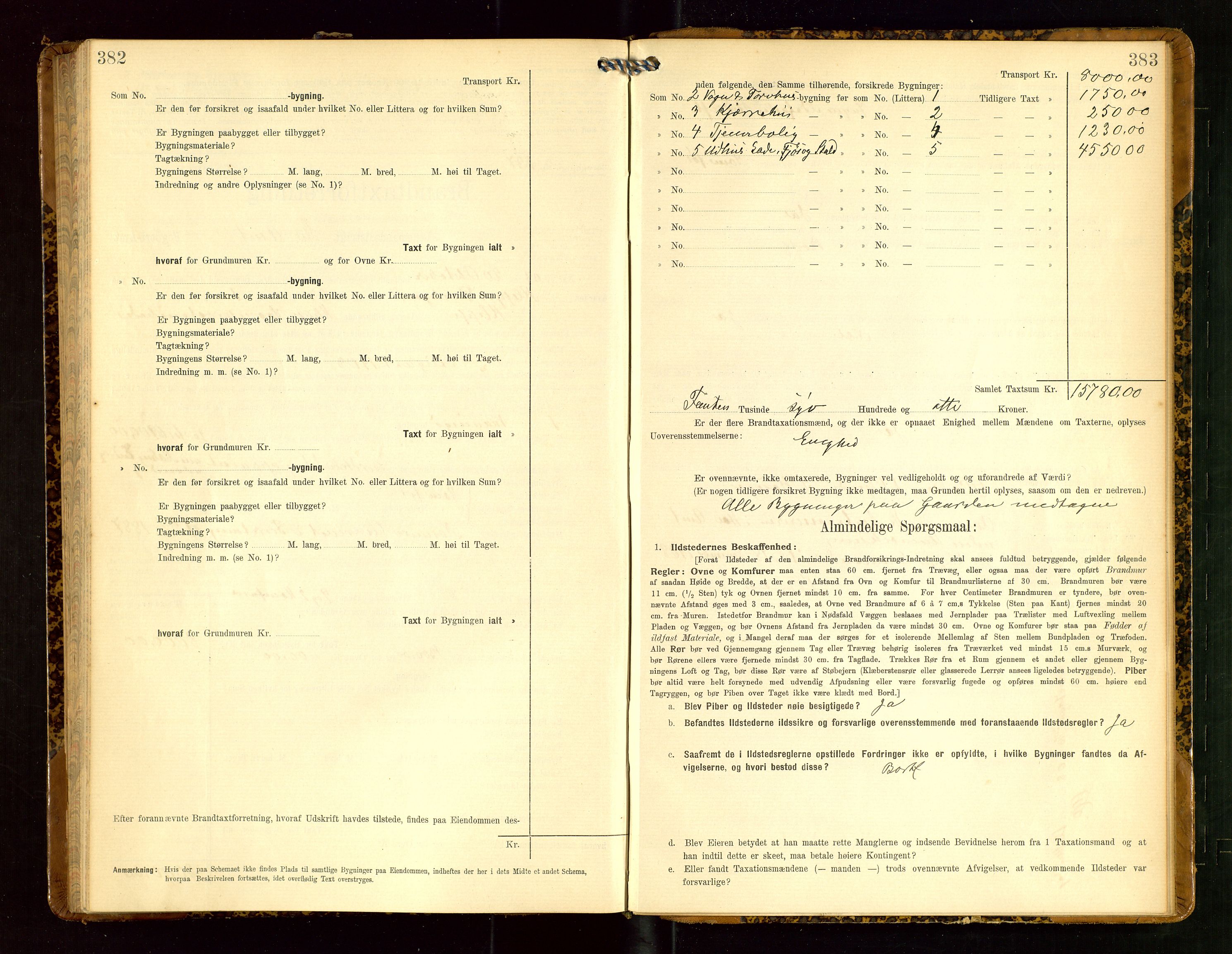 Klepp lensmannskontor, SAST/A-100163/Goc/L0005: "Brandtaxationsprotokol" m/register, 1908, p. 382-383