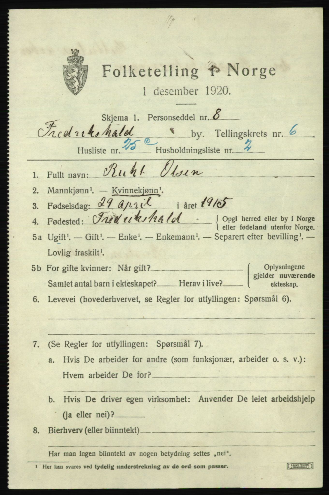 SAO, 1920 census for Fredrikshald, 1920, p. 13688