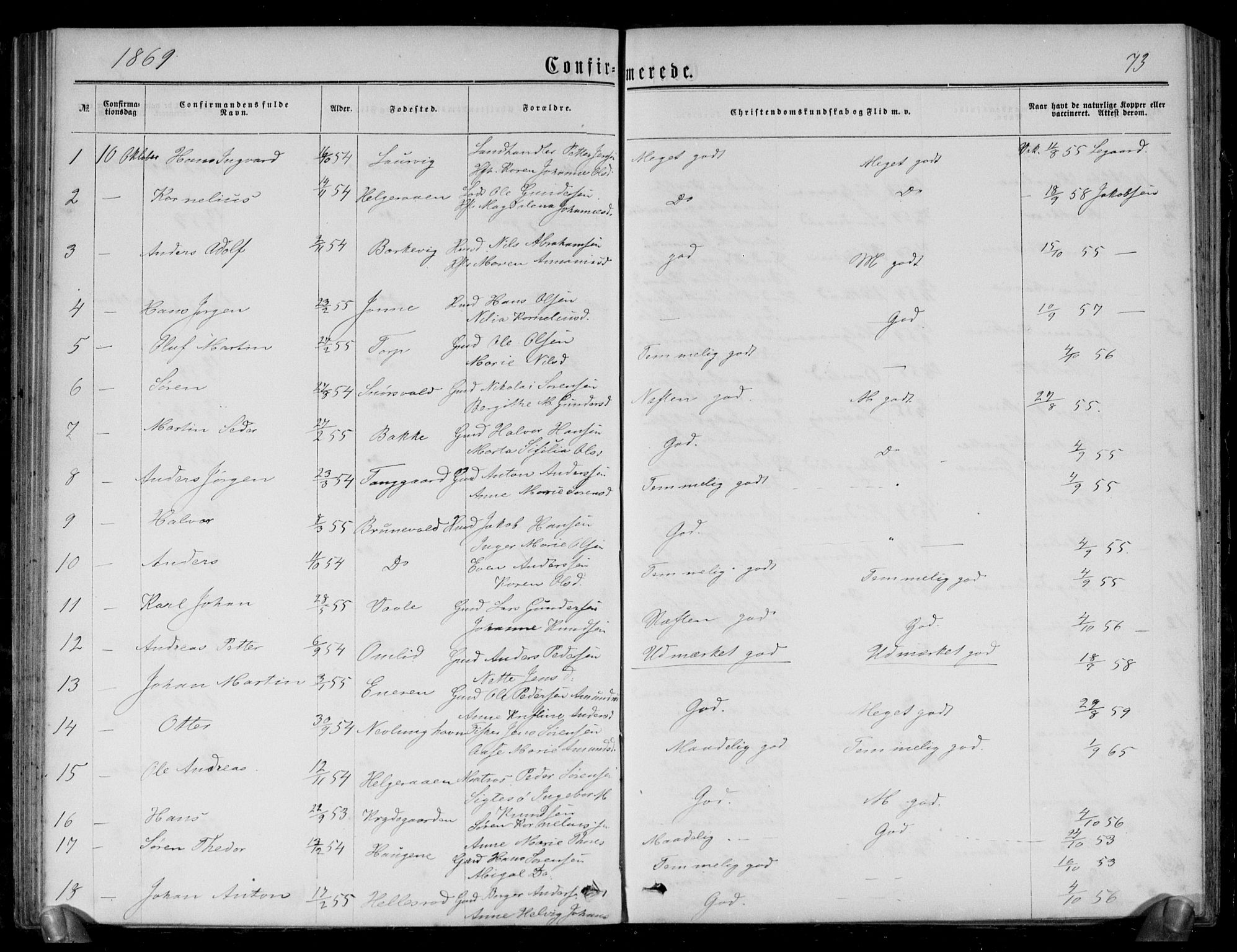 Brunlanes kirkebøker, SAKO/A-342/G/Gb/L0001: Parish register (copy) no. II 1, 1866-1877, p. 73
