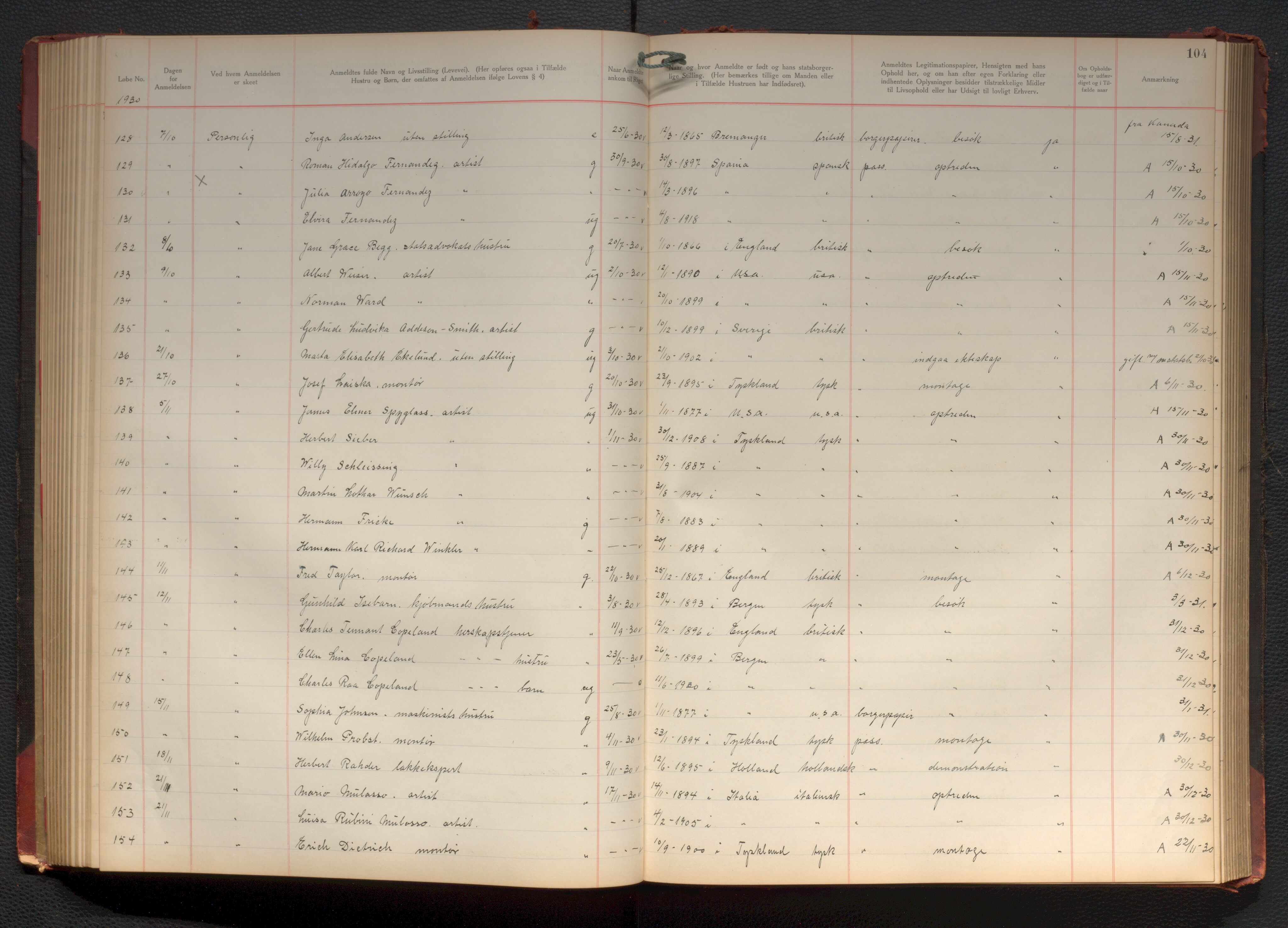 Bergen politikammer / politidistrikt, AV/SAB-A-60401/J.d/L0004: Fremmedprotokoll, 1925-1936, p. 104
