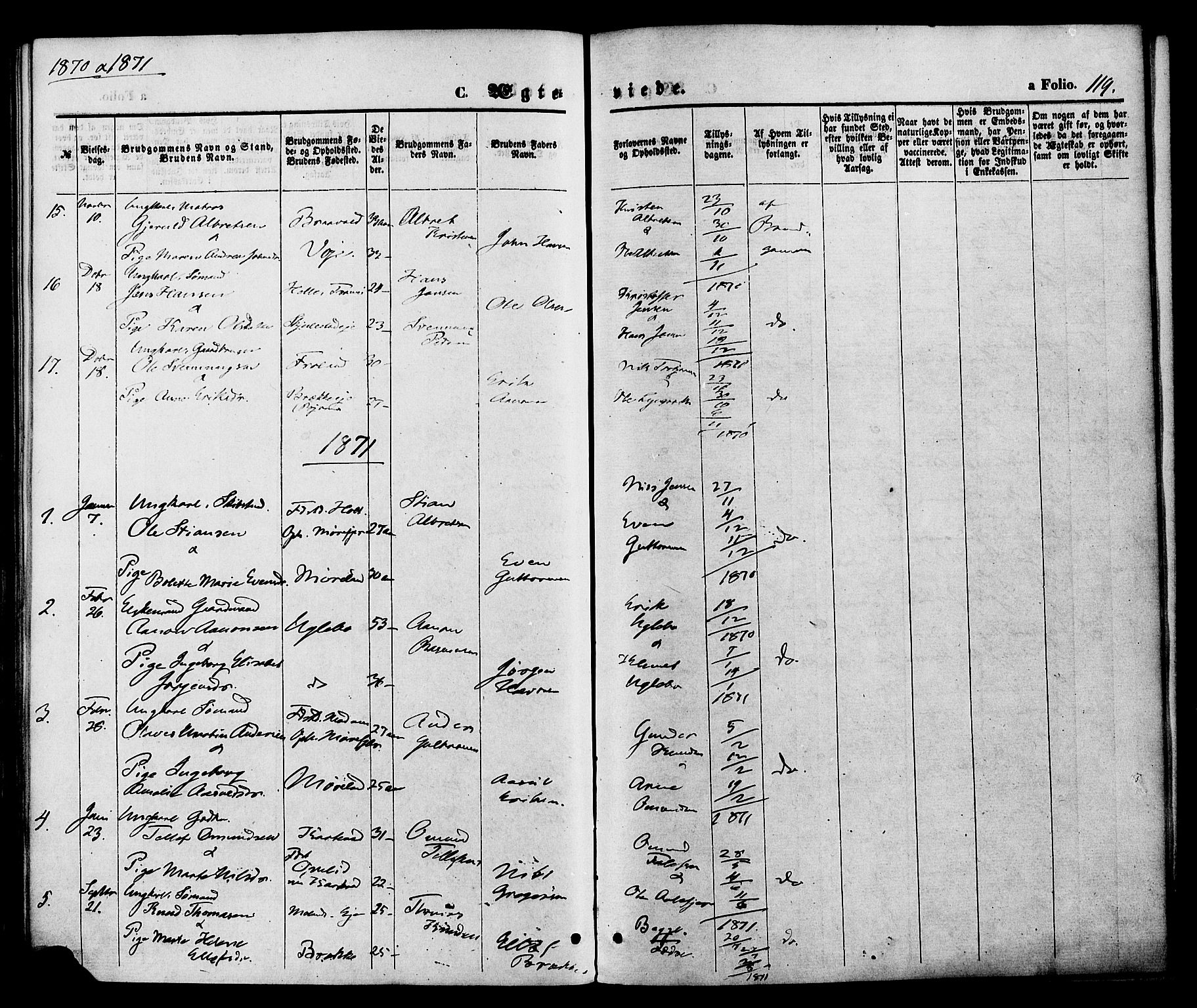 Austre Moland sokneprestkontor, SAK/1111-0001/F/Fa/Faa/L0009: Parish register (official) no. A 9, 1869-1879, p. 119
