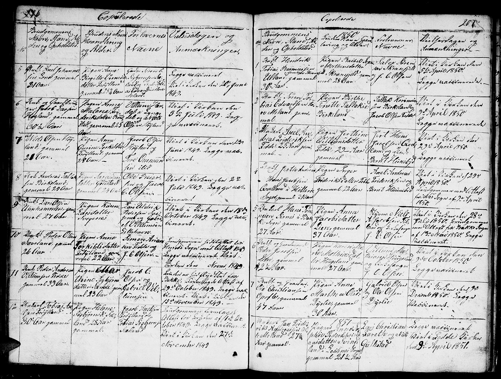 Kvinesdal sokneprestkontor, AV/SAK-1111-0026/F/Fb/Fba/L0002: Parish register (copy) no. B 2, 1838-1858, p. 206-207