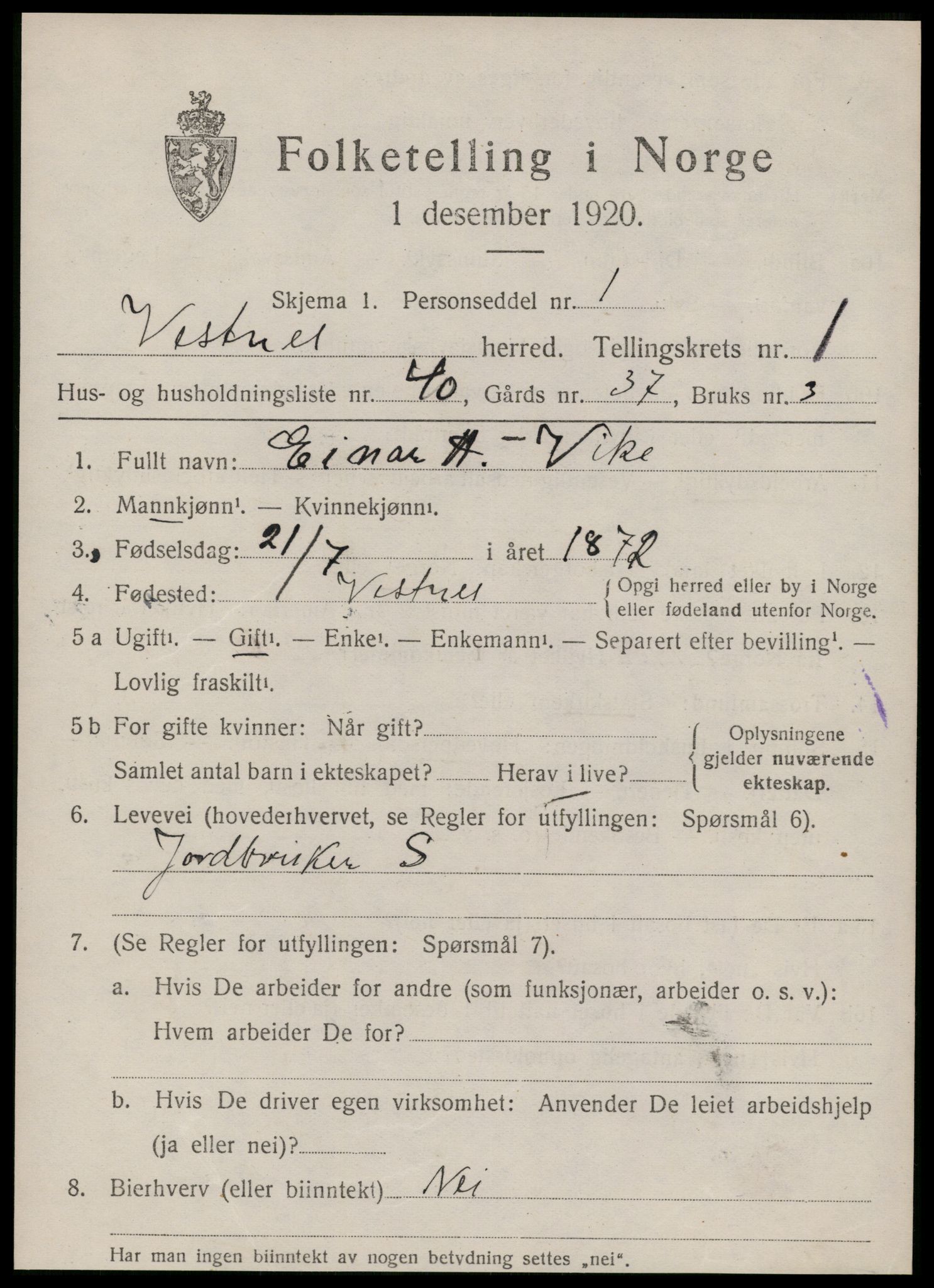 SAT, 1920 census for Vestnes, 1920, p. 1679