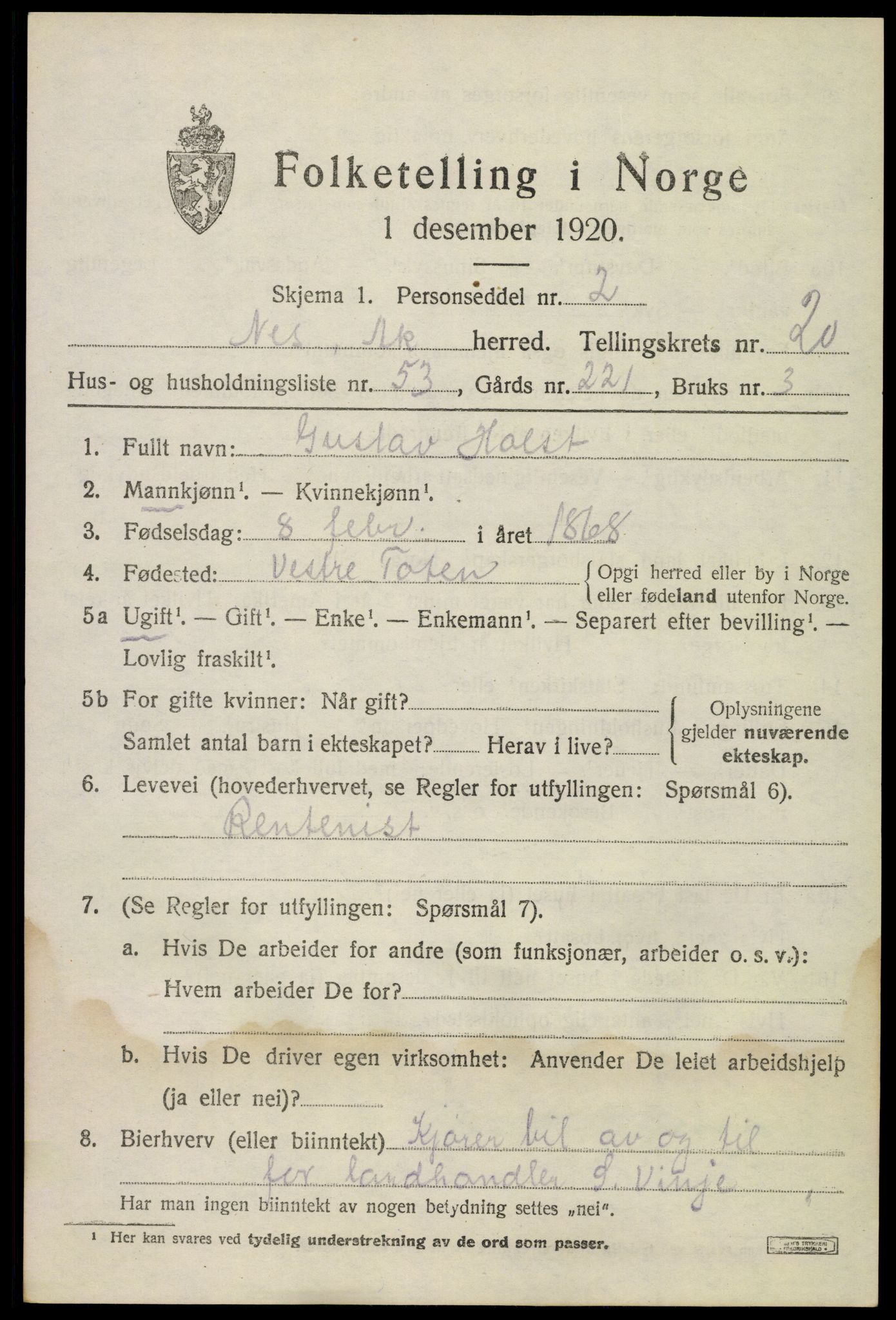 SAO, 1920 census for Nes, 1920, p. 21928