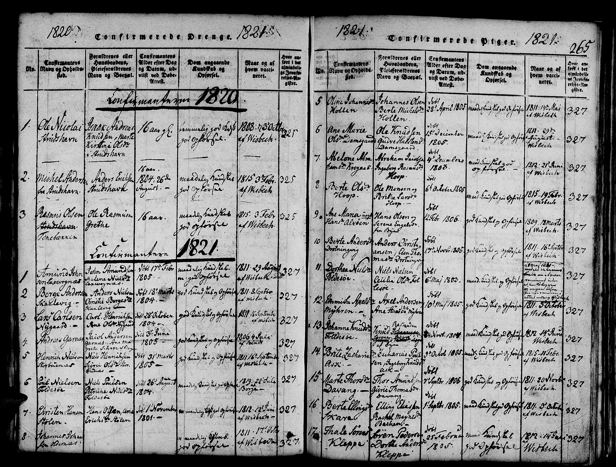 Askøy Sokneprestembete, SAB/A-74101/H/Ha/Haa/Haaa/L0003: Parish register (official) no. A 3, 1815-1825, p. 265