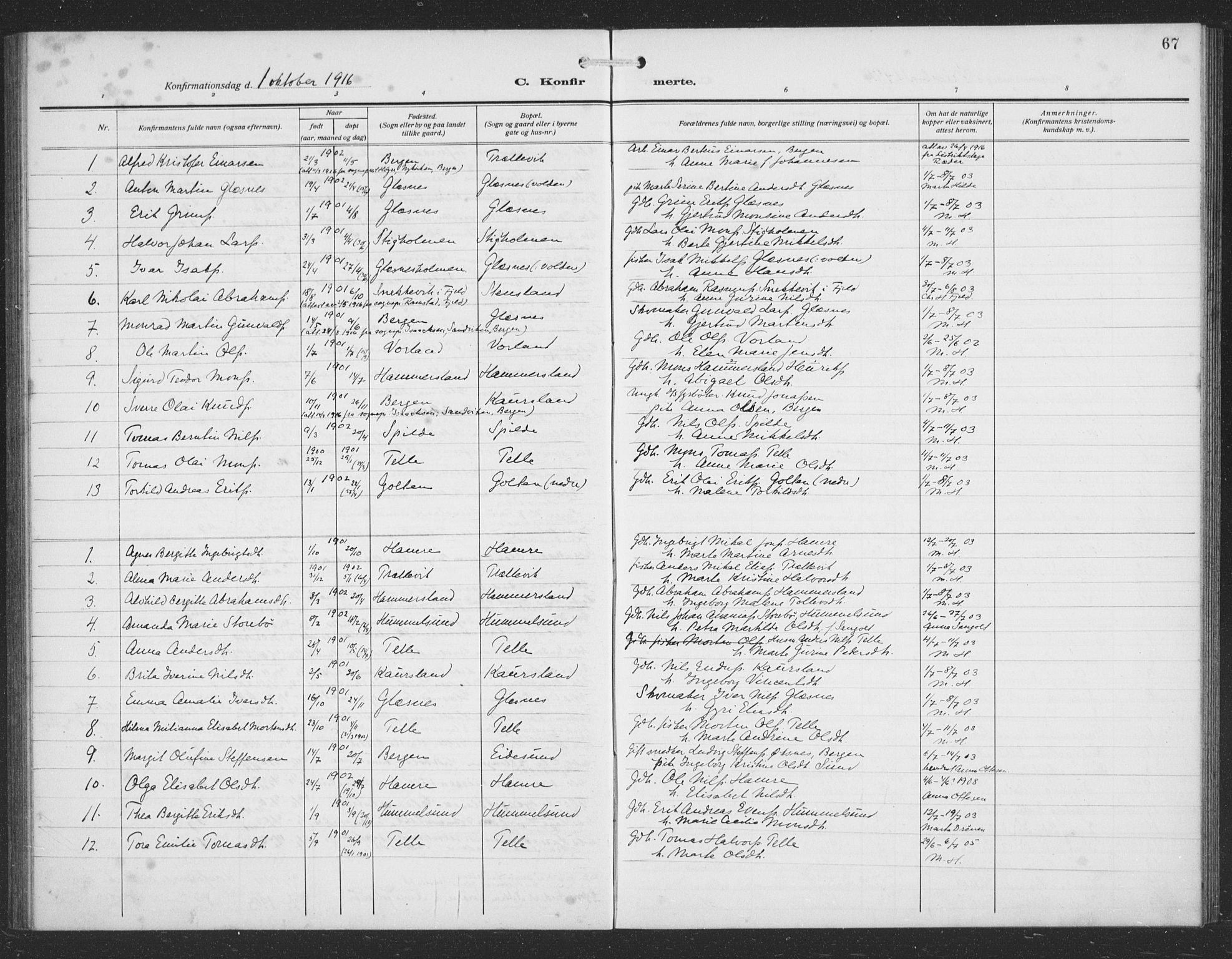 Sund sokneprestembete, AV/SAB-A-99930: Parish register (copy) no. C 1, 1913-1928, p. 67