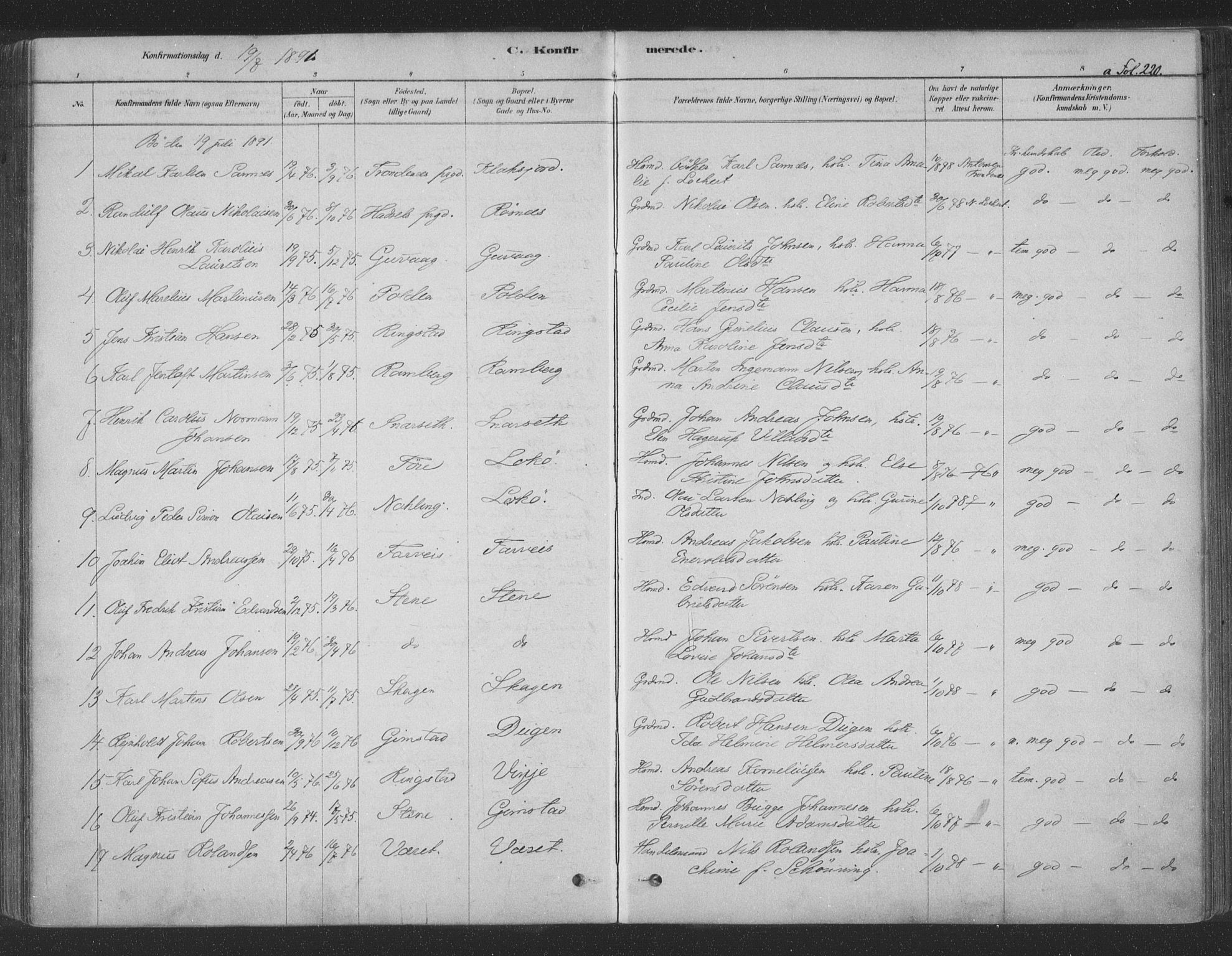 Ministerialprotokoller, klokkerbøker og fødselsregistre - Nordland, AV/SAT-A-1459/891/L1302: Parish register (official) no. 891A07, 1878-1895, p. 220