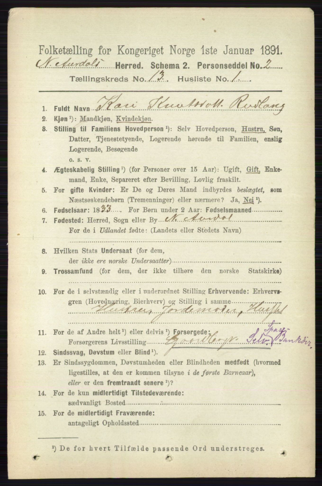 RA, 1891 census for 0542 Nord-Aurdal, 1891, p. 4762