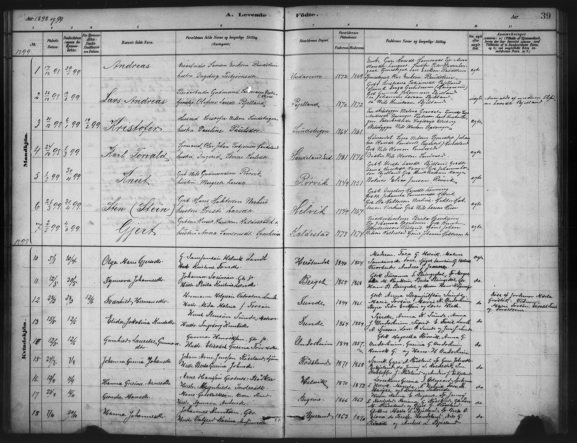 Husnes Sokneprestembete, SAB/A-75901/H/Hab: Parish register (copy) no. A 2, 1881-1917, p. 39