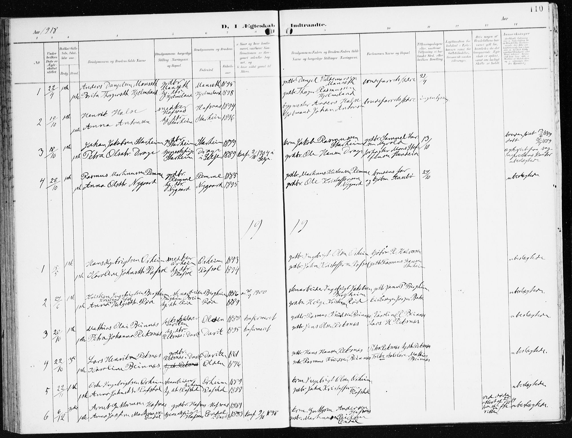 Eid sokneprestembete, AV/SAB-A-82301/H/Haa/Haac/L0002: Parish register (official) no. C 2, 1899-1927, p. 110