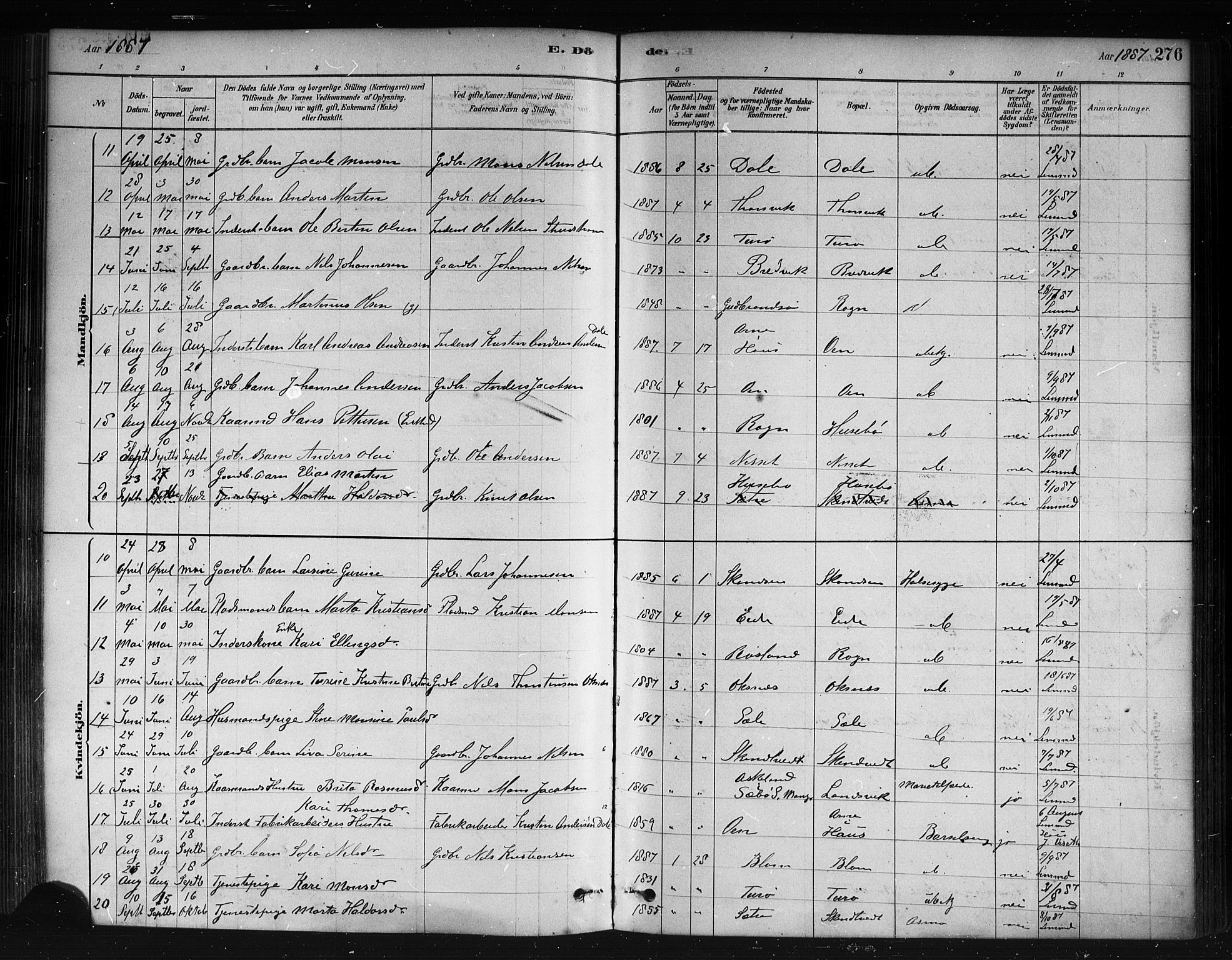 Herdla Sokneprestembete, AV/SAB-A-75701/H/Haa: Parish register (official) no. A 3, 1878-1890, p. 276