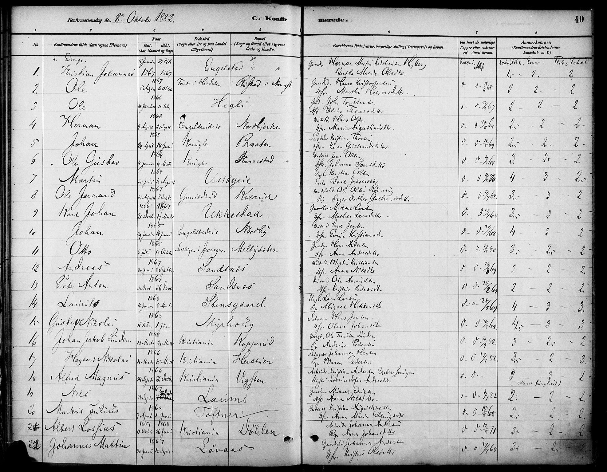 Nannestad prestekontor Kirkebøker, SAO/A-10414a/F/Fa/L0014: Parish register (official) no. I 14, 1881-1890, p. 49