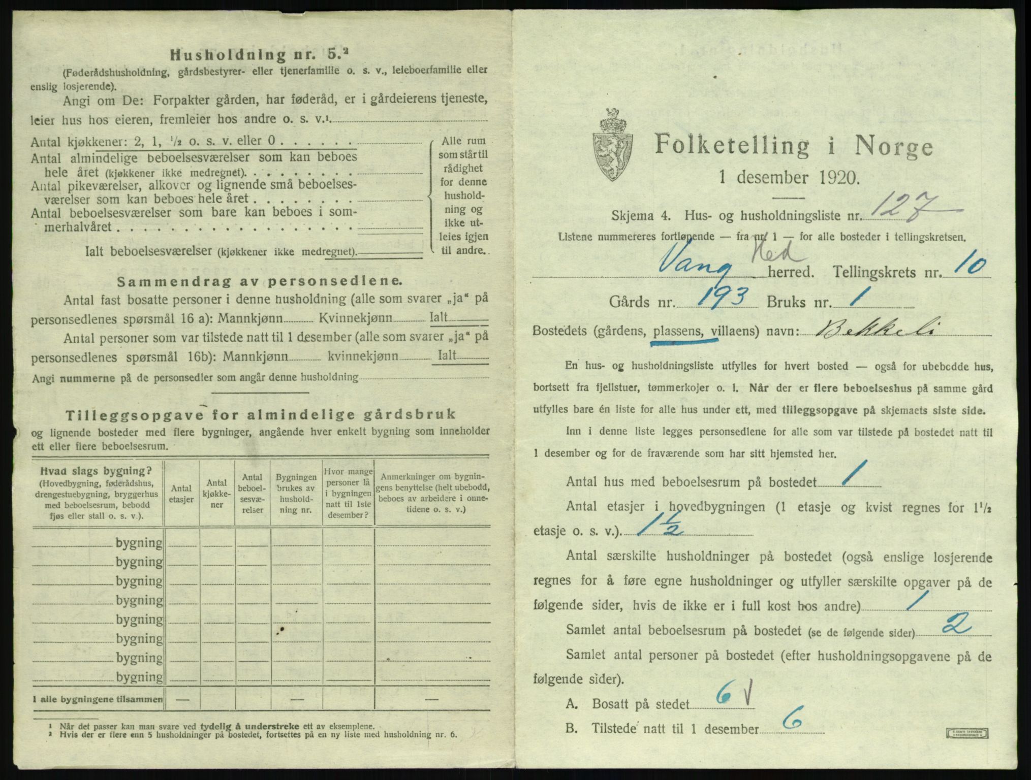 SAH, 1920 census for Vang (Hedmark), 1920, p. 2781